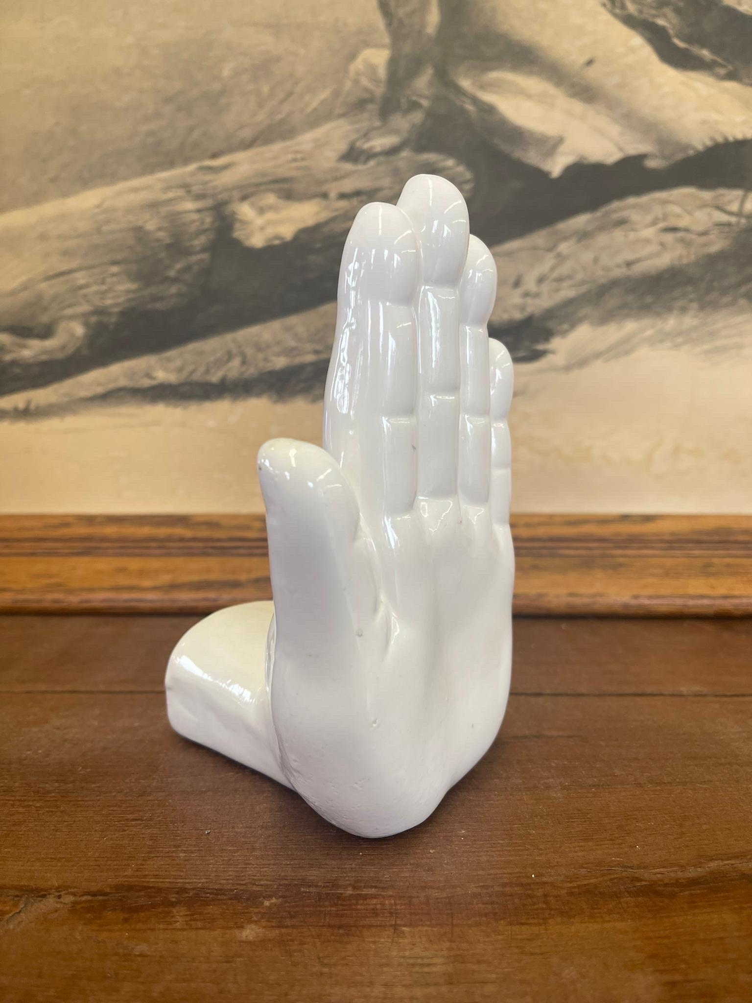 1970s Vintage Inspired White Sculpture of Hand Bookend. In Good Condition For Sale In Seattle, WA