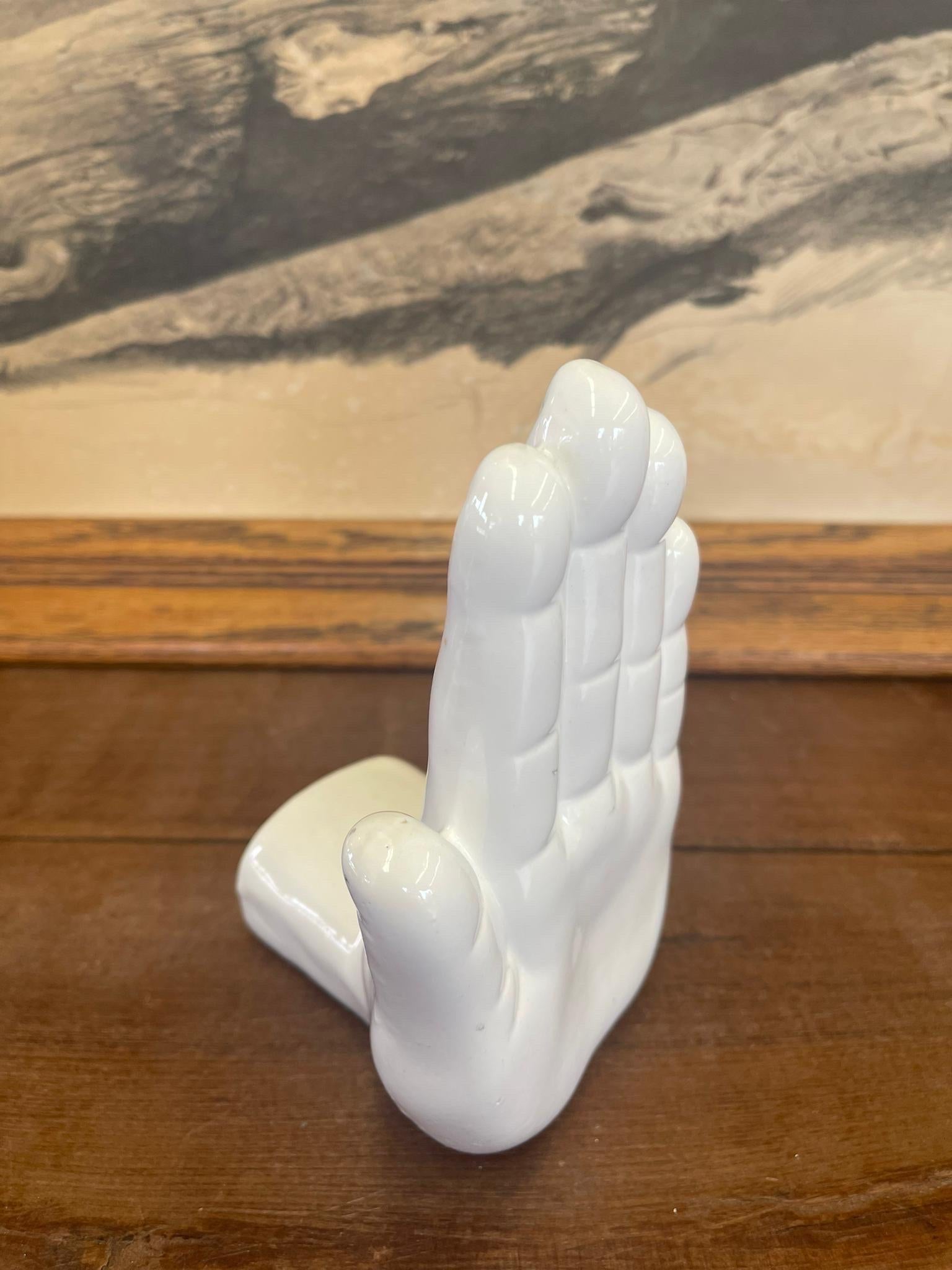 Late 20th Century 1970s Vintage Inspired White Sculpture of Hand Bookend. For Sale