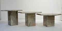 Vintage Italian 3 Geometric White Grey and Red Vein Marble Nesting Tables 1970s