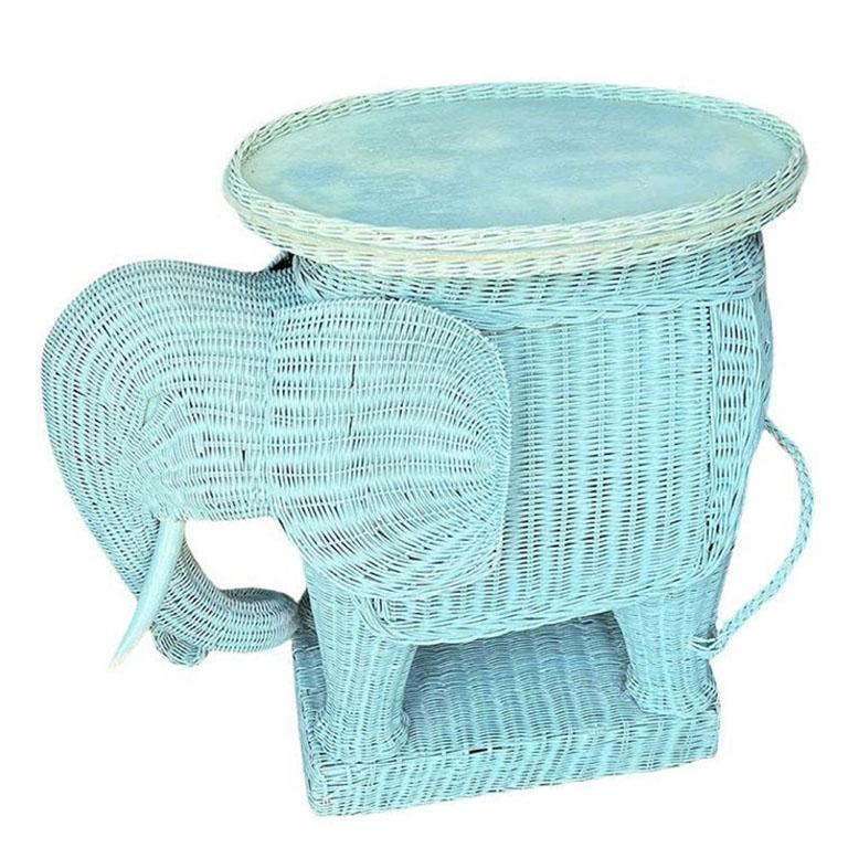 Bohemian 1970s Vintage Italian Animalia Wicker Elephant Side Tray Table in Blue For Sale