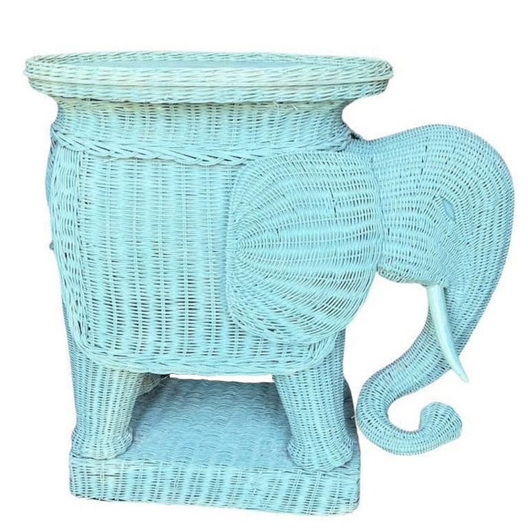 Late 20th Century 1970s Vintage Italian Animalia Wicker Elephant Side Tray Table in Blue For Sale