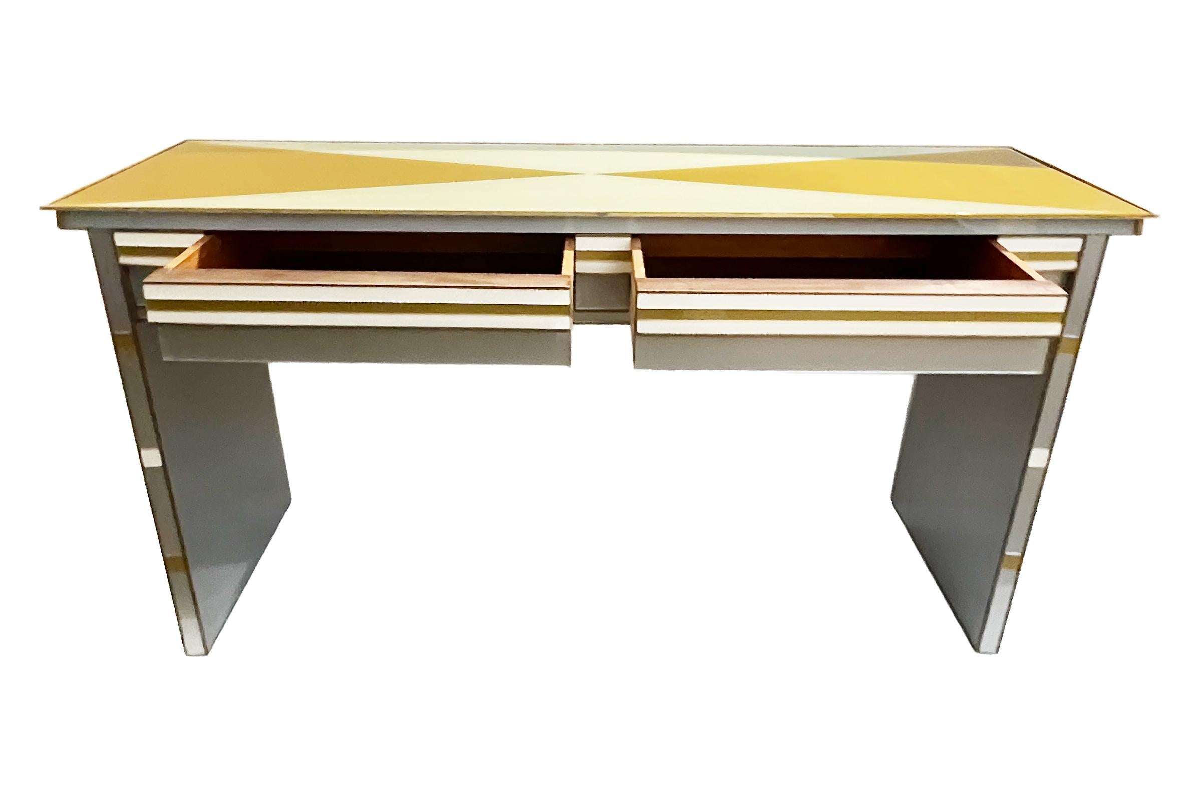Mid-Century Modern 1970s Vintage Italian Art Deco Design Silver White Gold Glass 2-Drawer Console For Sale