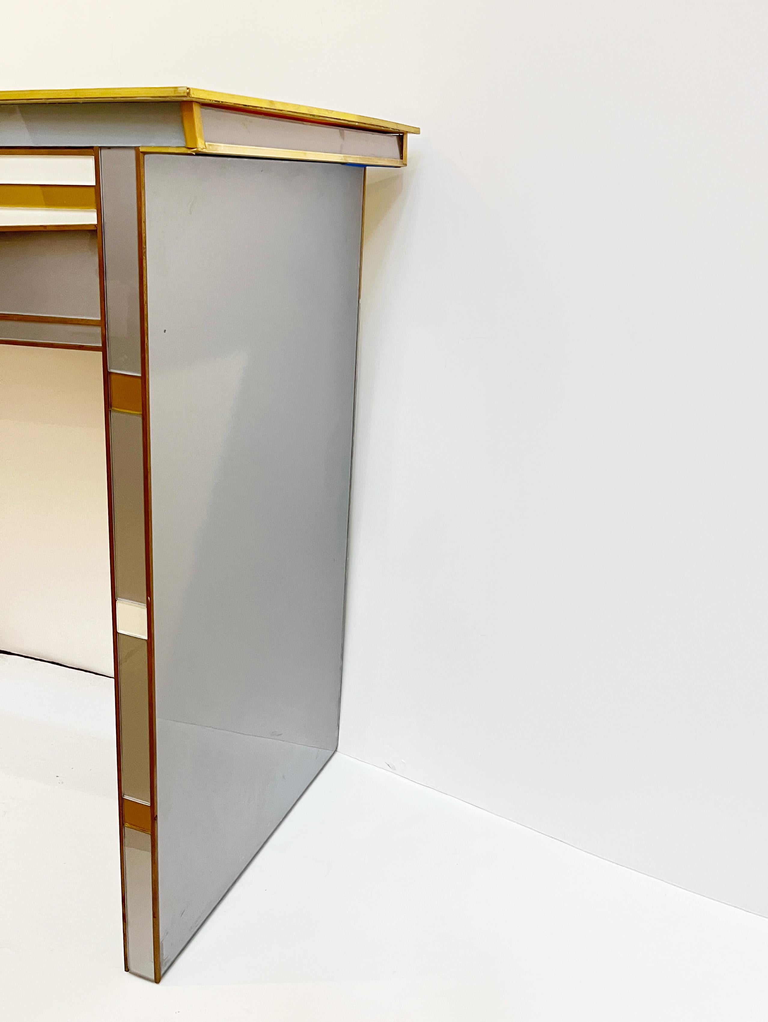Hand-Crafted 1970s Vintage Italian Art Deco Design Silver White Gold Glass 2-Drawer Console For Sale