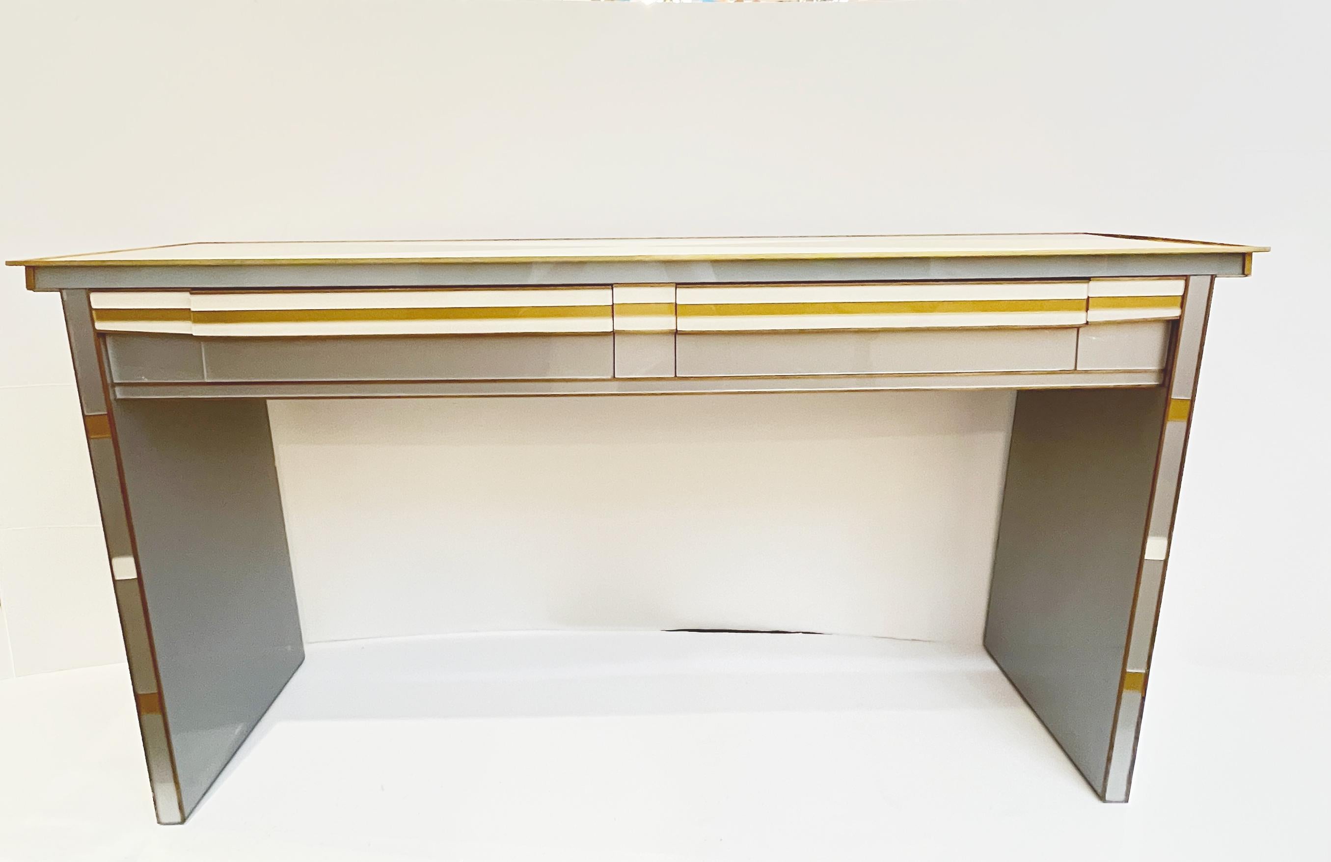 1970s Vintage Italian Art Deco Design Silver White Gold Glass 2-Drawer Console For Sale 2