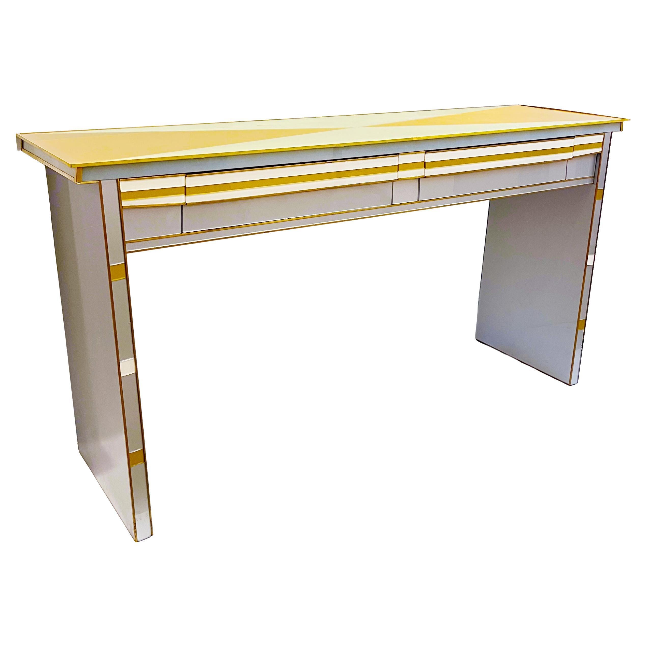 1970s Vintage Italian Art Deco Design Silver White Gold Glass 2-Drawer Console For Sale