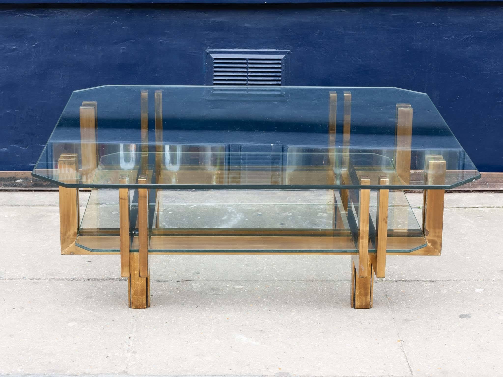 1970s Vintage Italian Brass and Glass Coffee Table in the Style of Romeo Rega In Good Condition In London, GB