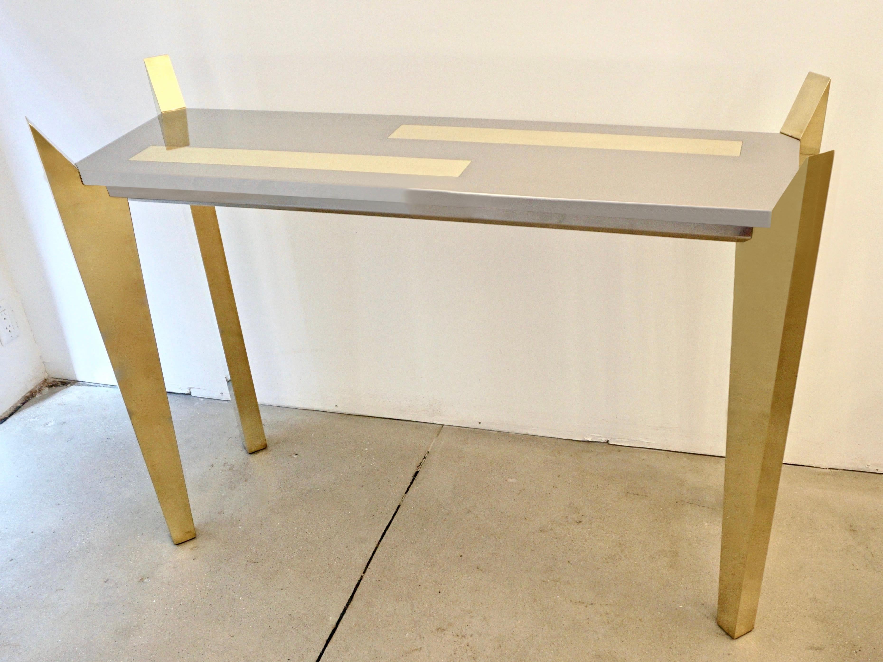 1970s Vintage Italian Brass and Nickel Console of Modern Graphic Design In Excellent Condition For Sale In New York, NY