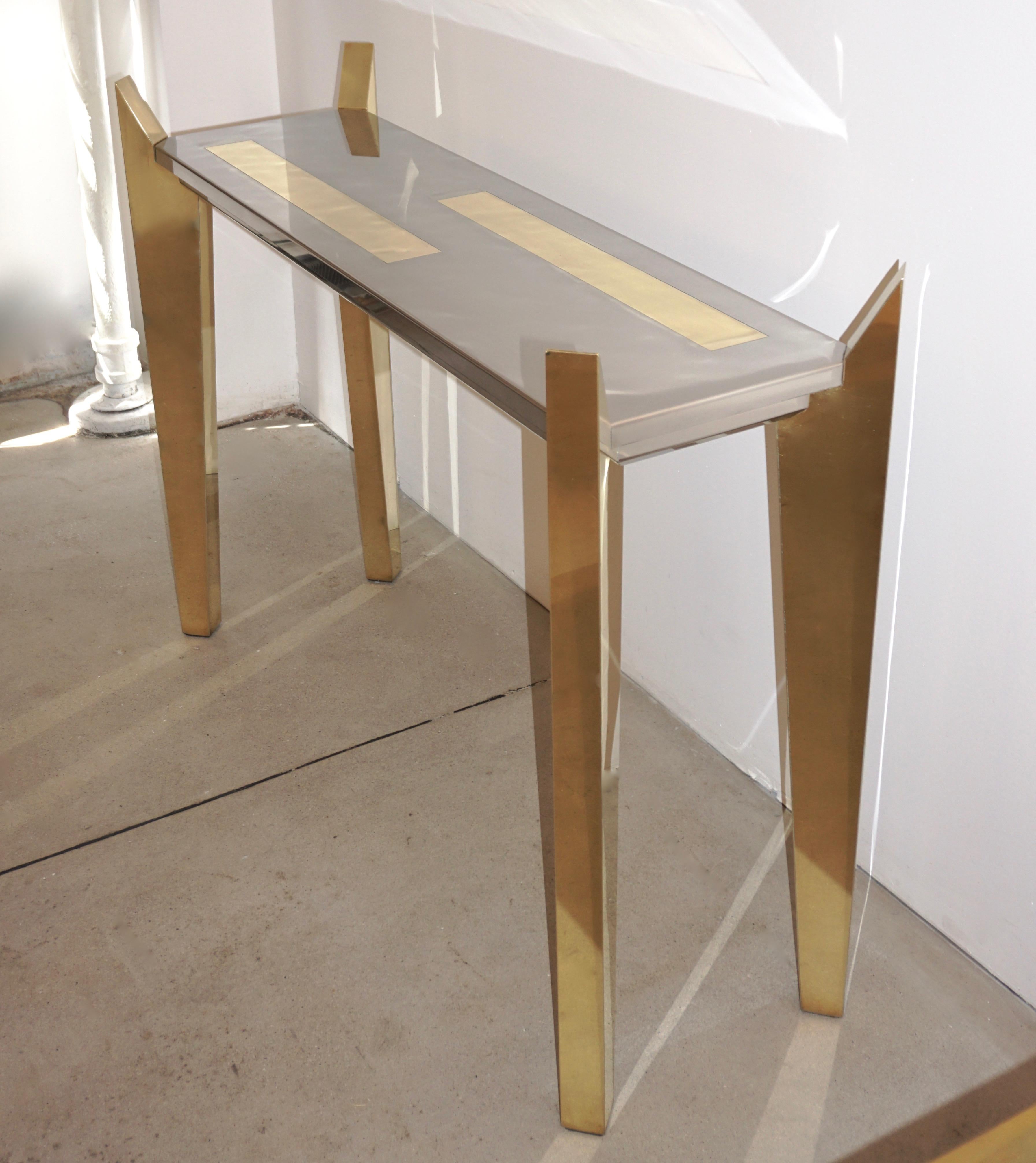1970s Vintage Italian Brass and Nickel Console of Modern Graphic Design For Sale 1