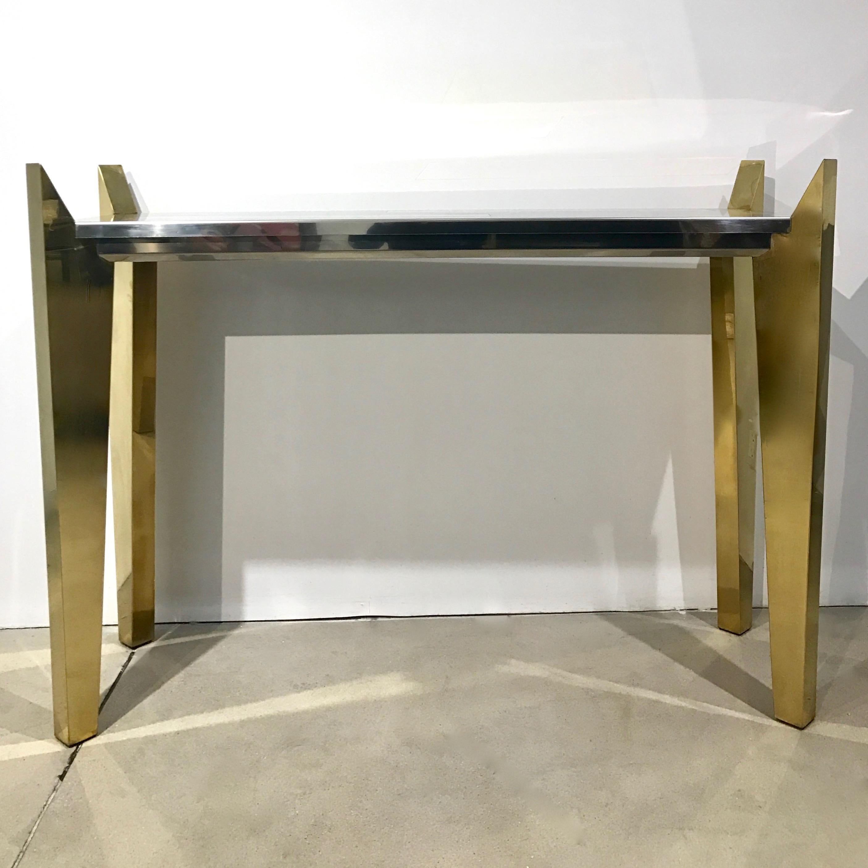 1970s Vintage Italian Brass and Nickel Console of Modern Graphic Design For Sale 3