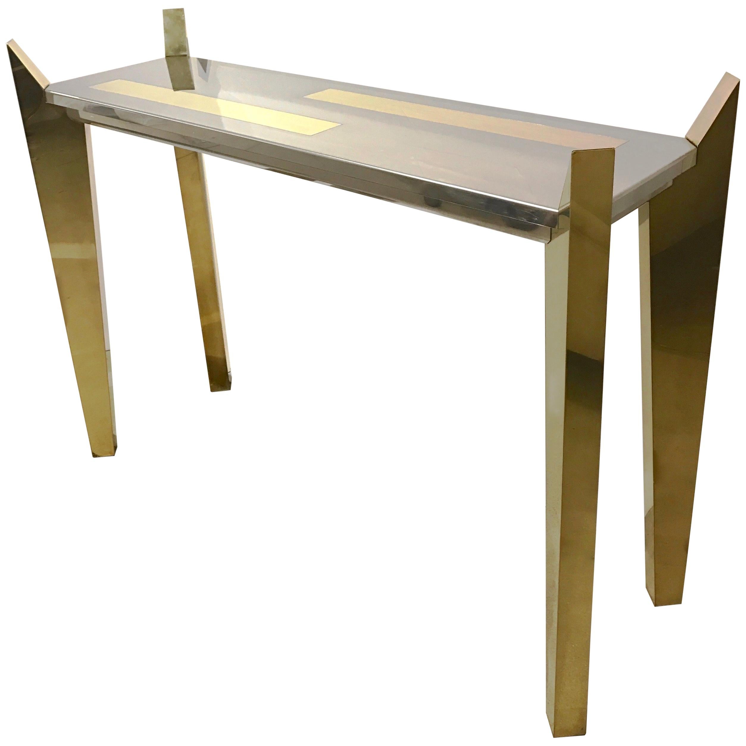 1970s Vintage Italian Brass and Nickel Console of Modern Graphic Design For Sale