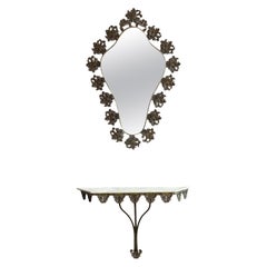 1970s Vintage Italian Brass Filigree Mirror With Matching Marble Floating Table