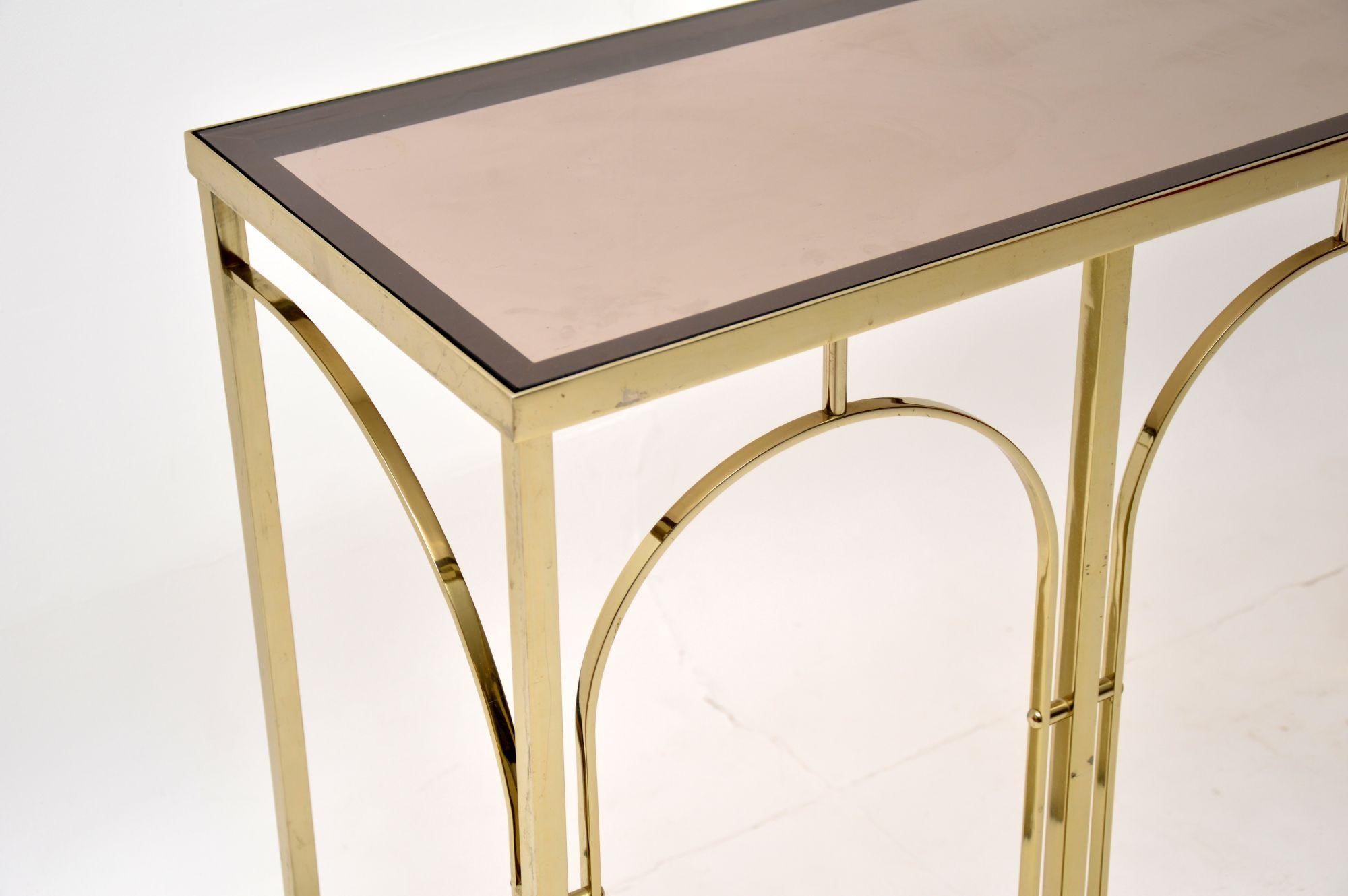 Late 20th Century 1970s Vintage Italian Brass & Glass Console Table For Sale