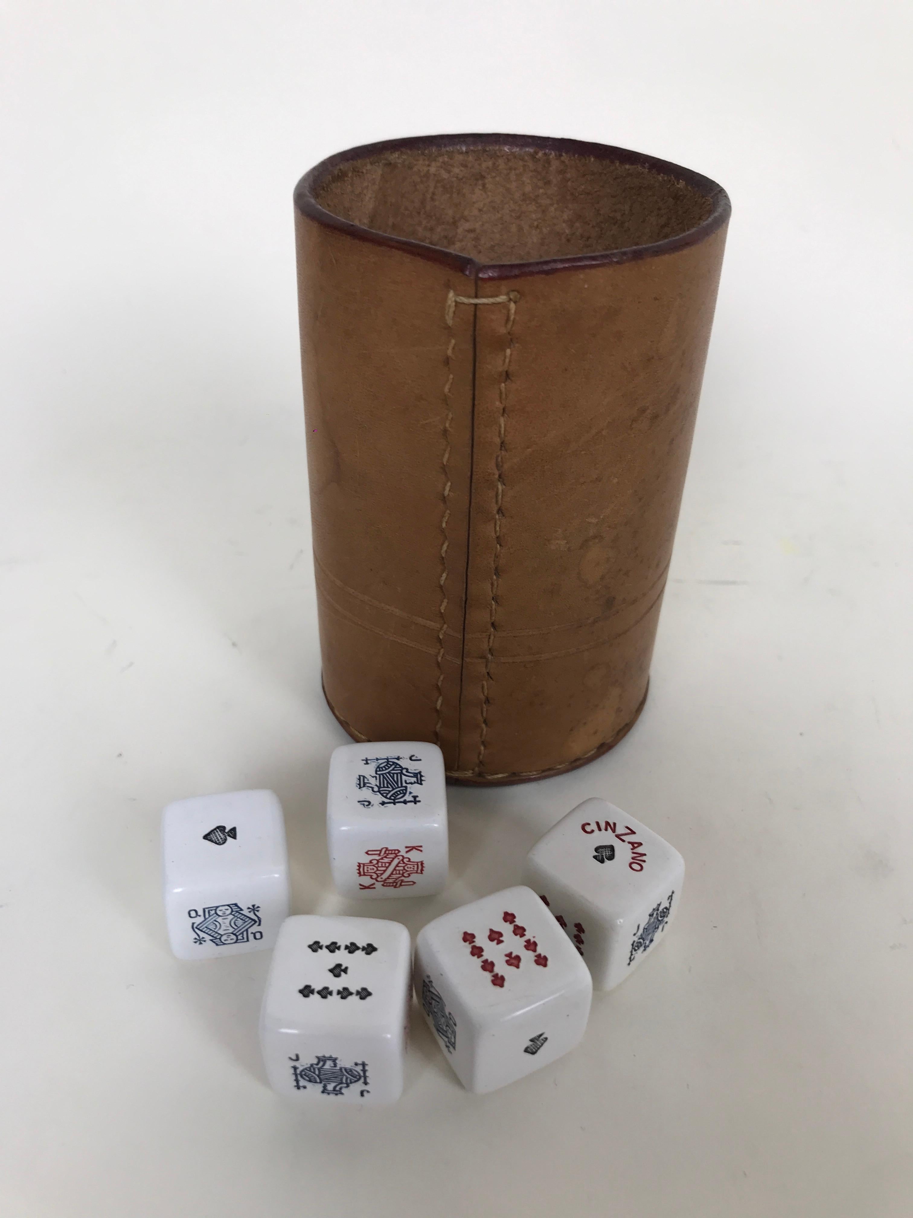 Mid-Century Modern 1970s Vintage Italian Cinzano Advertising Leather Dice Cup with Set of Dice For Sale