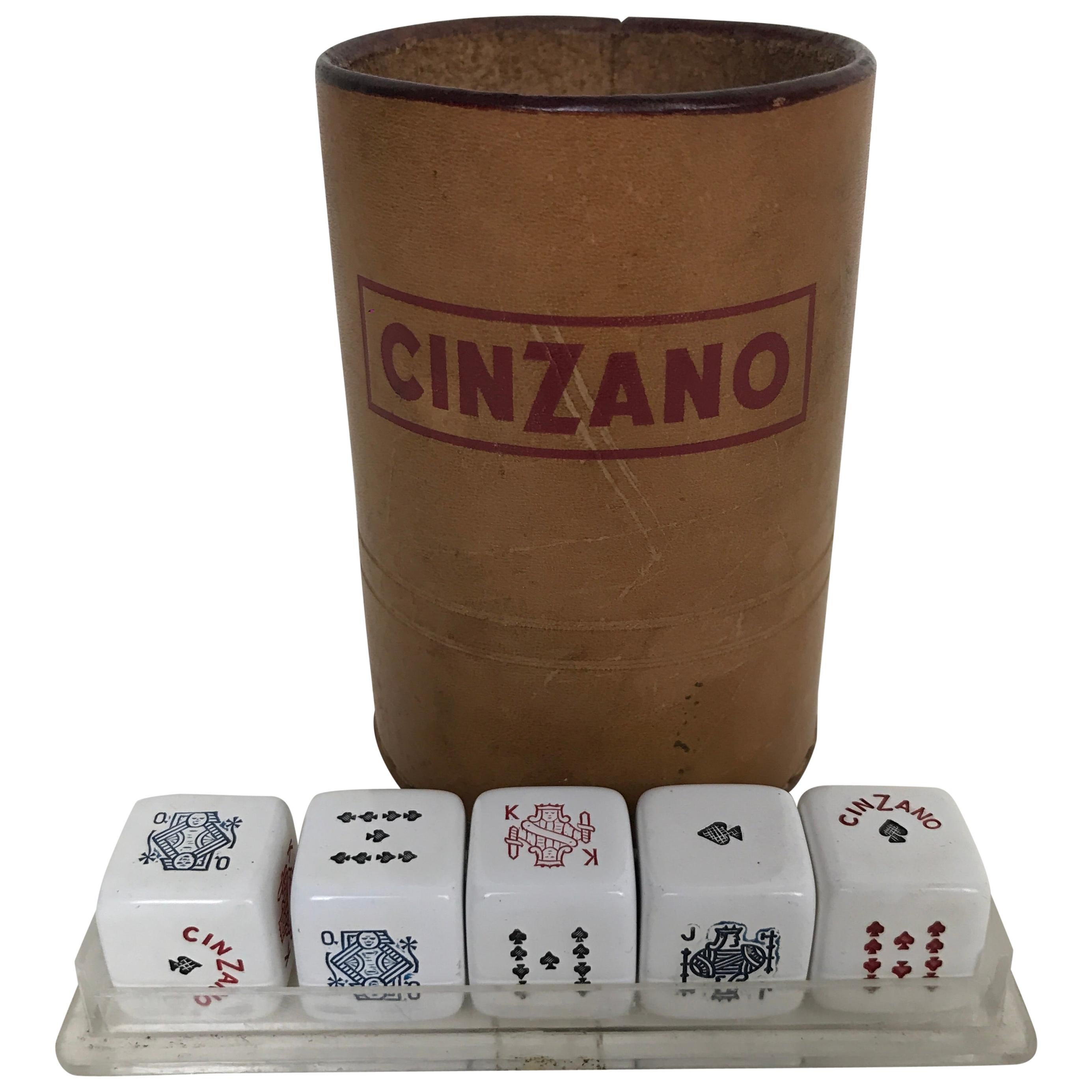 1970s Vintage Italian Cinzano Advertising Leather Dice Cup with Set of Dice For Sale