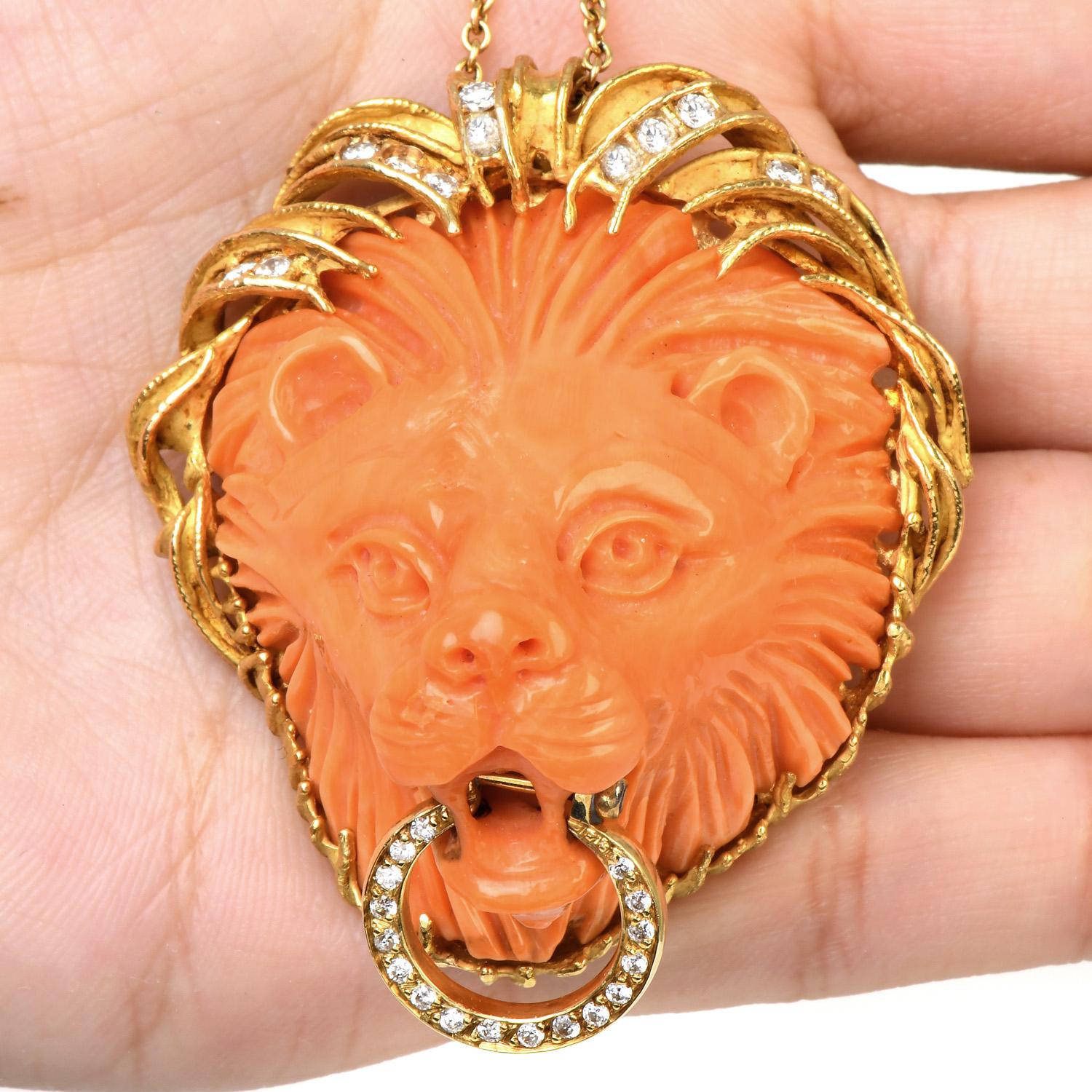 Modern 1970's Vintage Italian Coral Lion Head Diamond 18k Gold Pendant For Sale