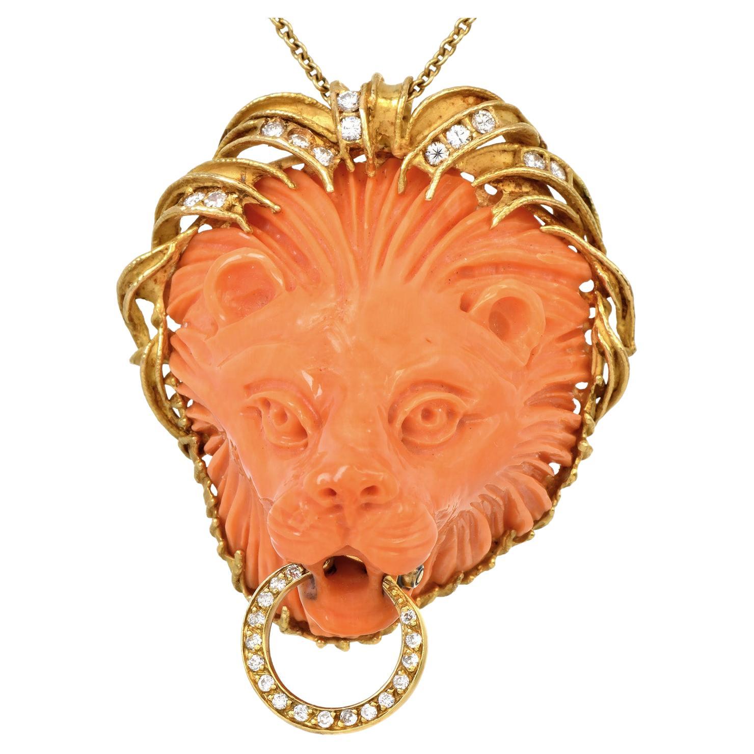 1970's Vintage Italian Coral Lion Head Diamond 18k Gold Pendant