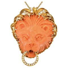 1970's Retro Italian Coral Lion Head Diamond 18k Gold Pendant