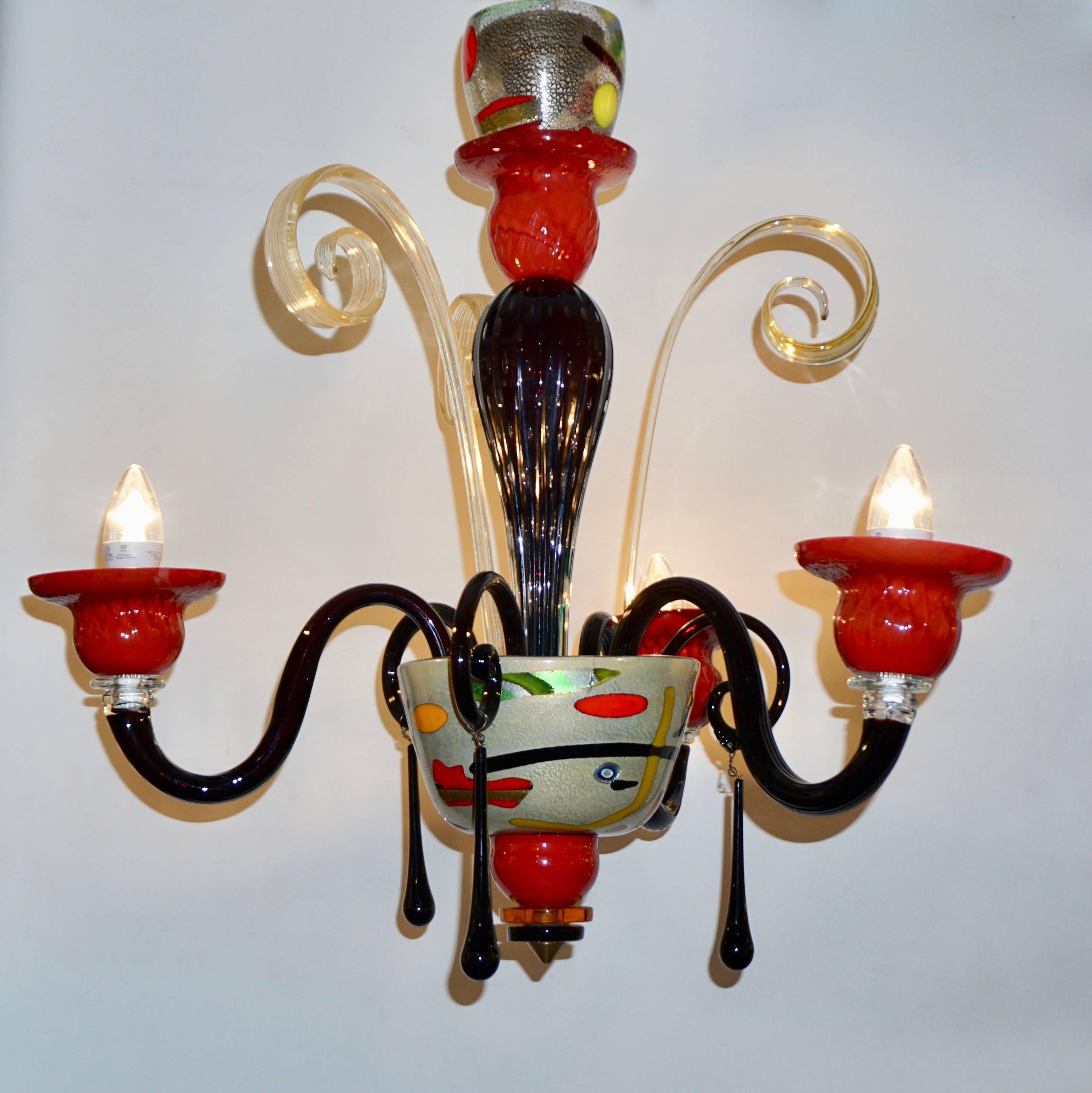 1970s Vintage Italian Design Black Red Gold Modern Murano Glass Chandelier 2