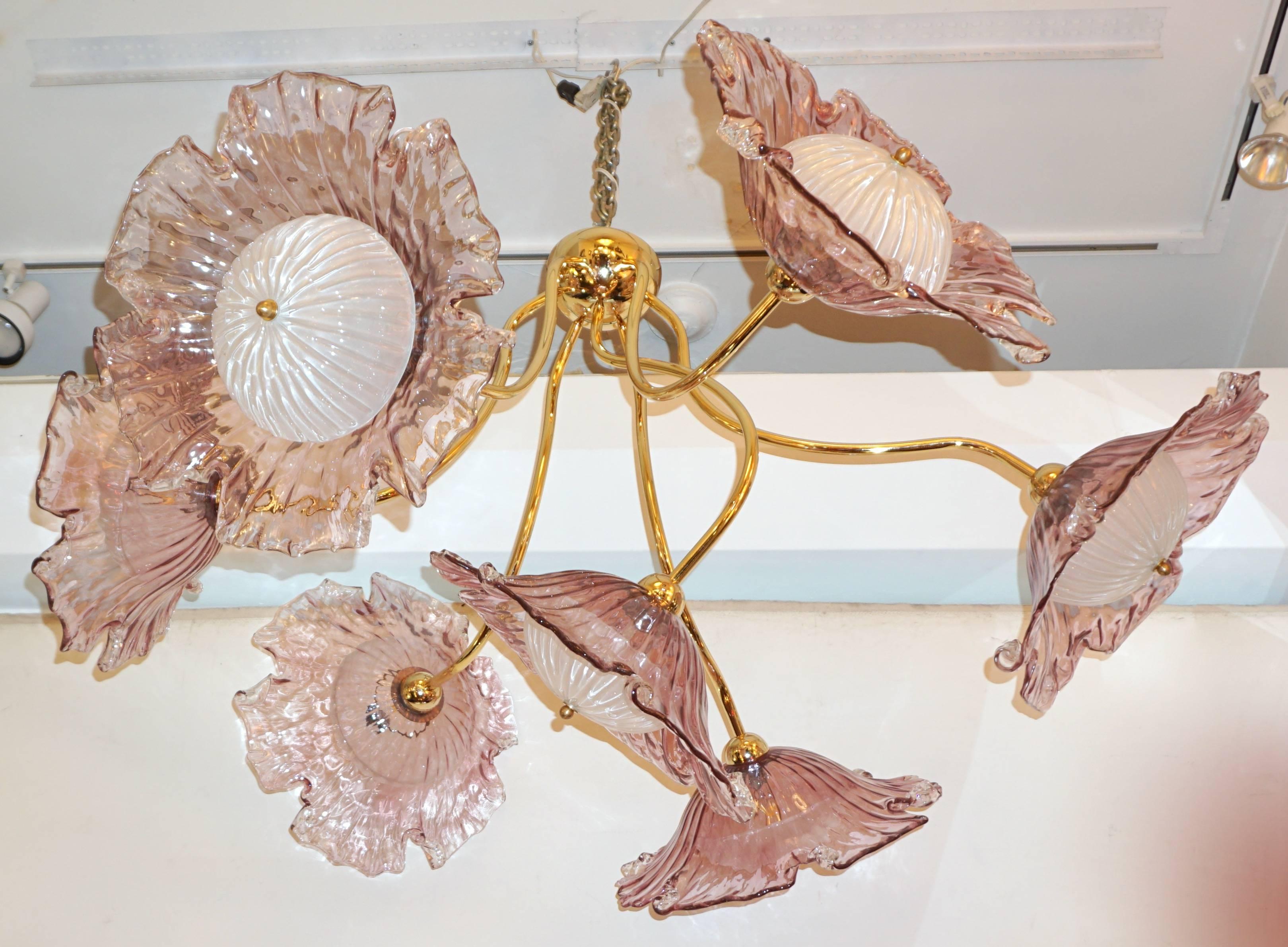 1970s Vintage Italian Flush Mount Baby Rose Pink Murano Glass Floral Chandelier 3