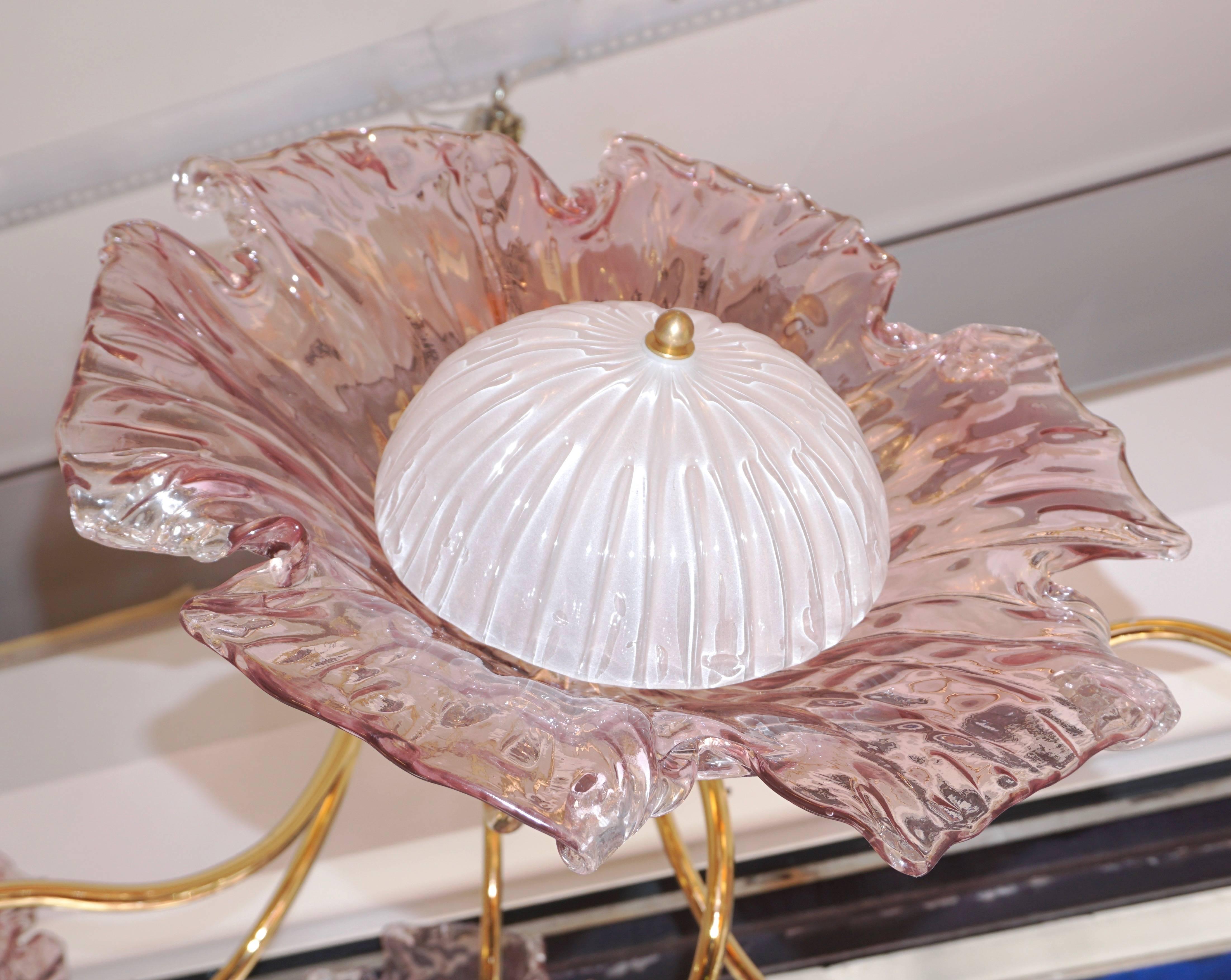Hand-Crafted 1970s Vintage Italian Flush Mount Baby Rose Pink Murano Glass Floral Chandelier