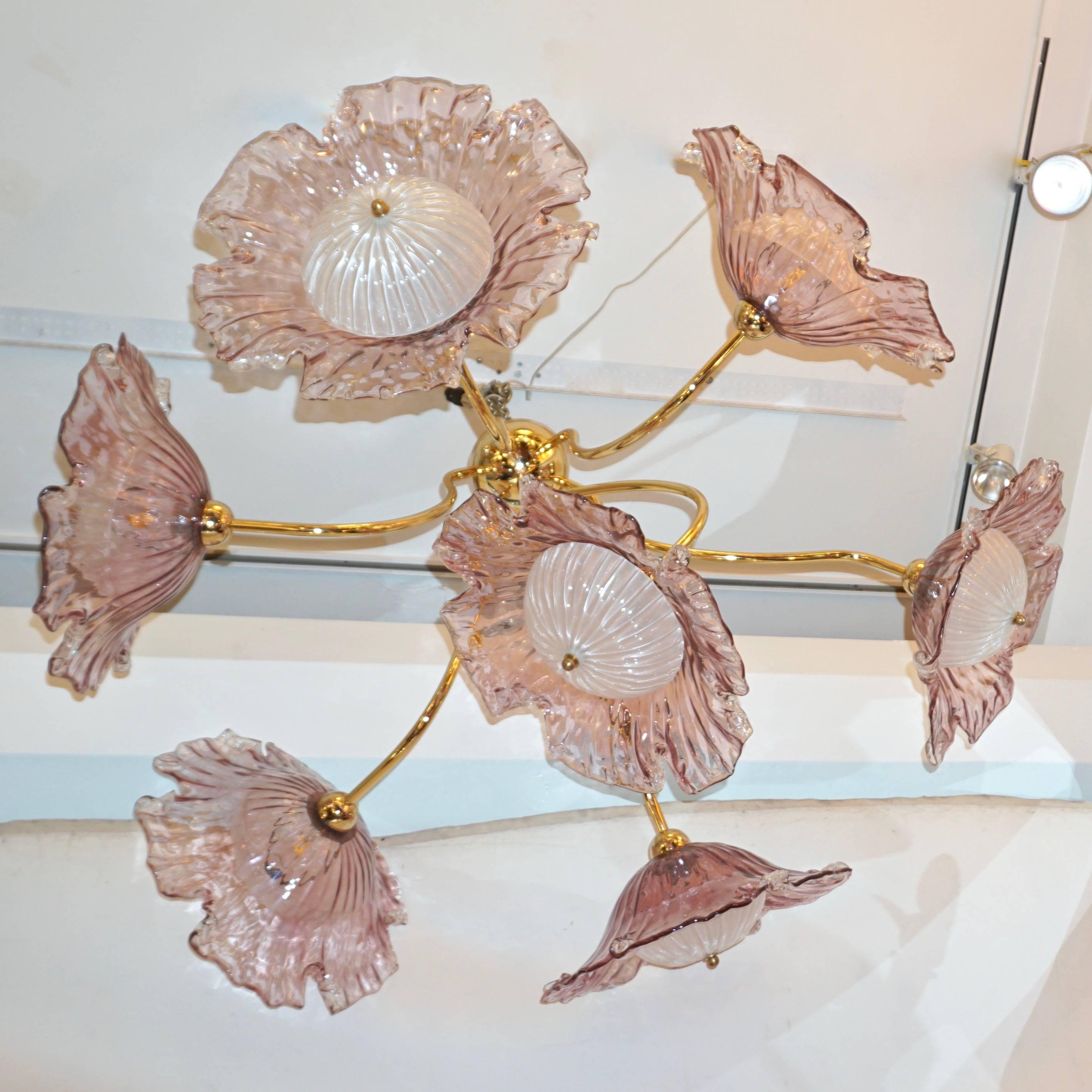 1970s Vintage Italian Flush Mount Baby Rose Pink Murano Glass Floral Chandelier In Excellent Condition In New York, NY