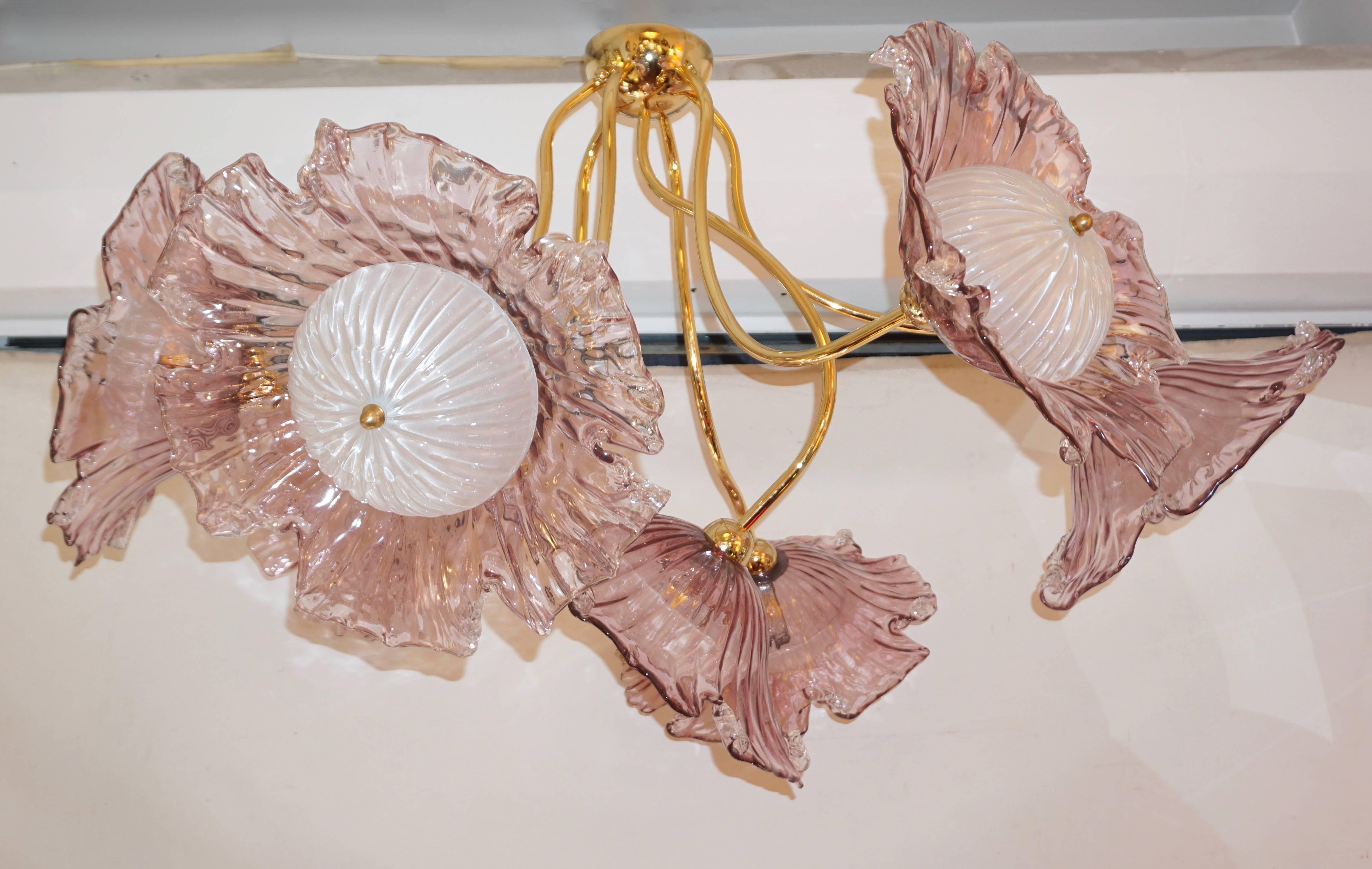 Late 20th Century 1970s Vintage Italian Flush Mount Baby Rose Pink Murano Glass Floral Chandelier