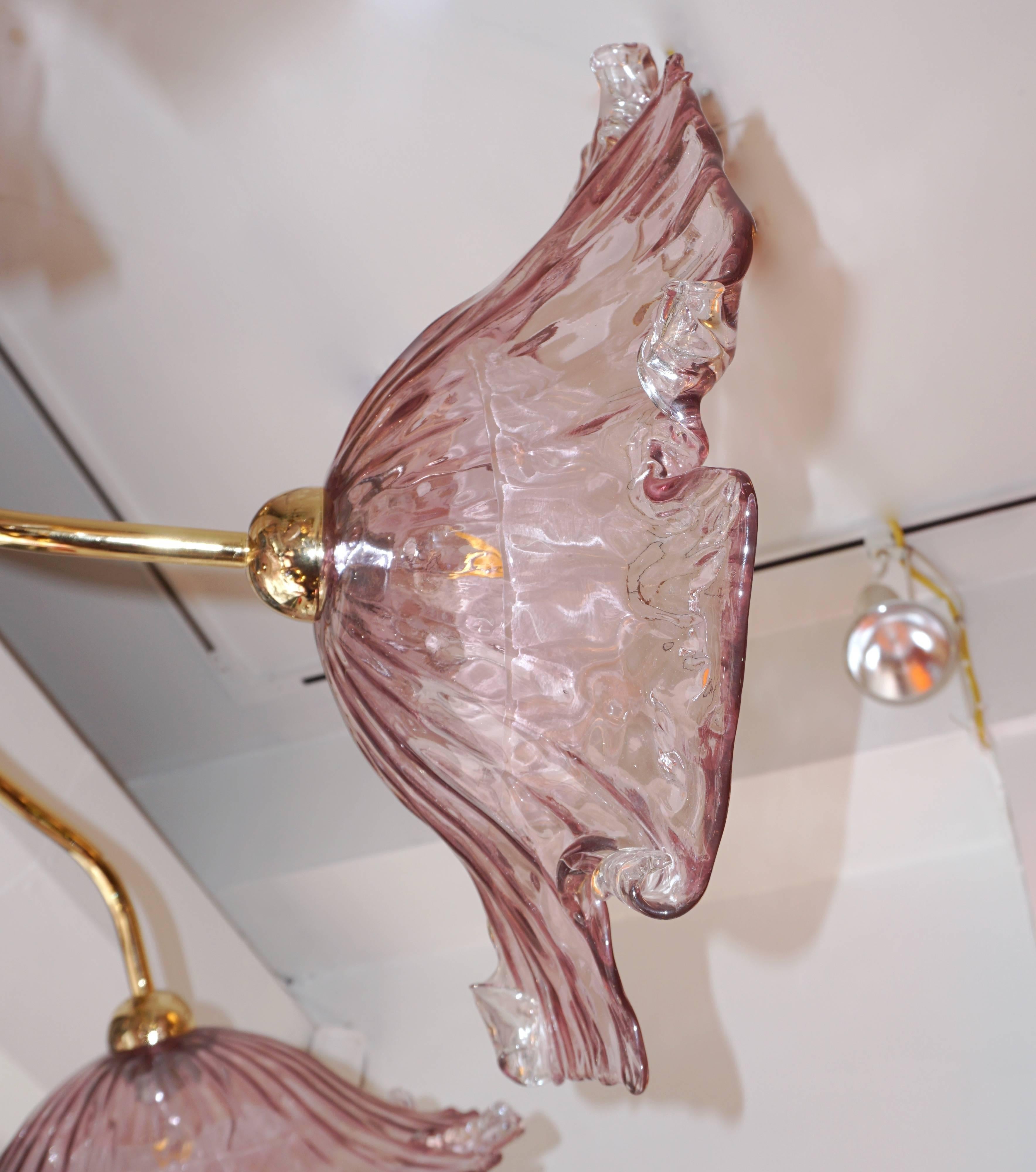 1970s Vintage Italian Flush Mount Baby Rose Pink Murano Glass Floral Chandelier 1