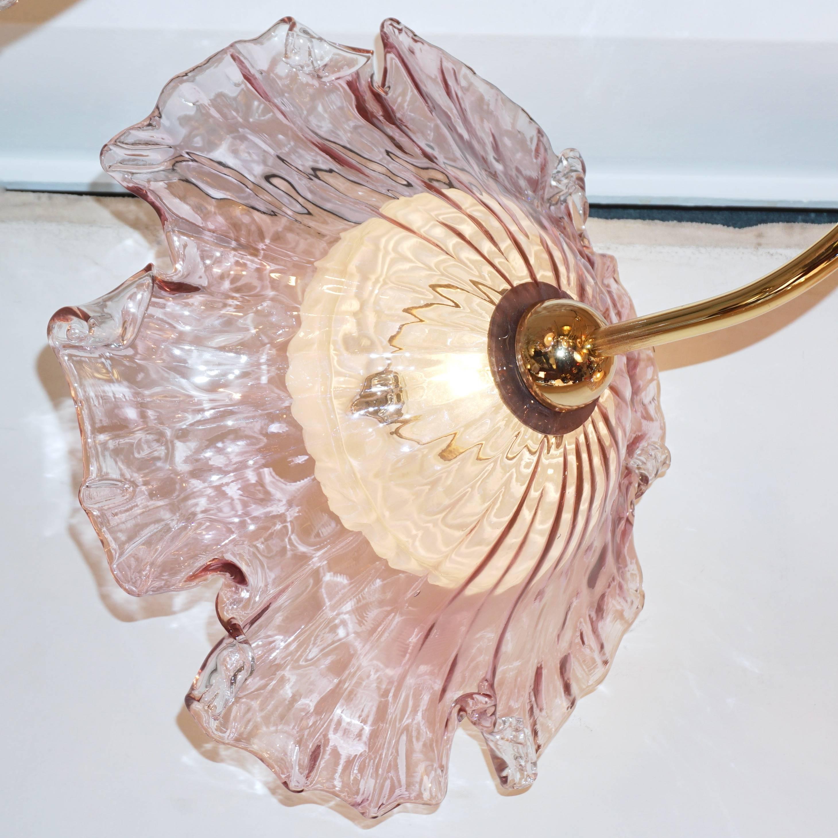 1970s Vintage Italian Flush Mount Baby Rose Pink Murano Glass Floral Chandelier 2