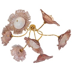 1970s Vintage Italian Flush Mount Baby Rose Pink Murano Glass Floral Chandelier