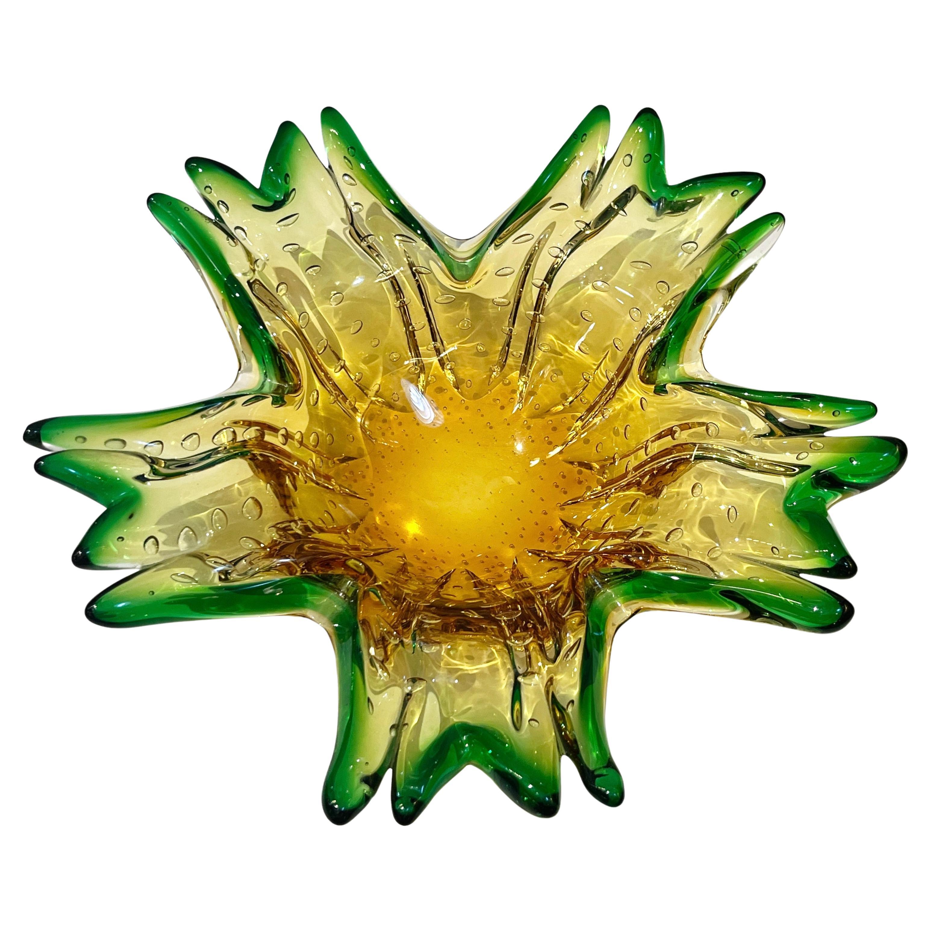 1970s Vintage Italian Green & Amber Murano Glass Star Shaped Bowl /Vide-Poche For Sale