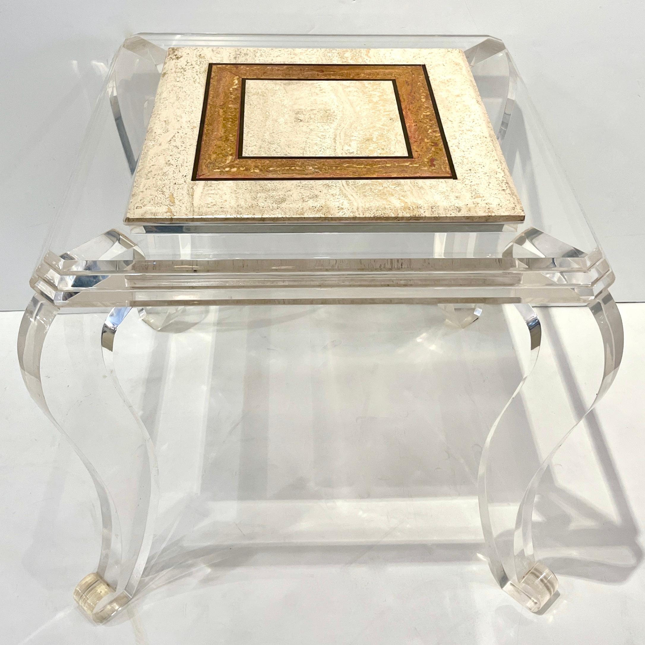1970s Vintage Italian Lucite Pair of Tables with Encased Travertine & Marble Top For Sale 4