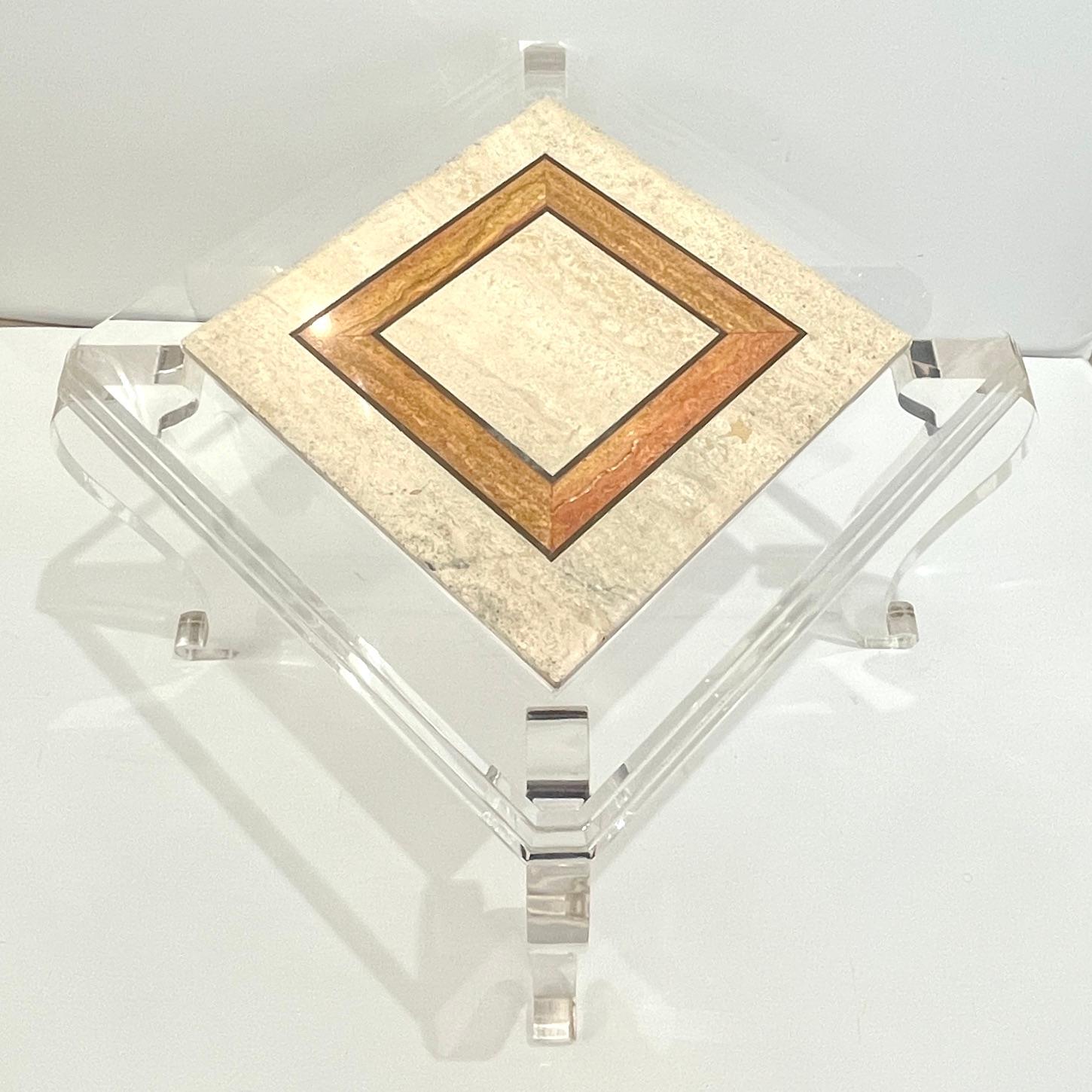 1970s Vintage Italian Lucite Pair of Tables with Encased Travertine & Marble Top For Sale 11