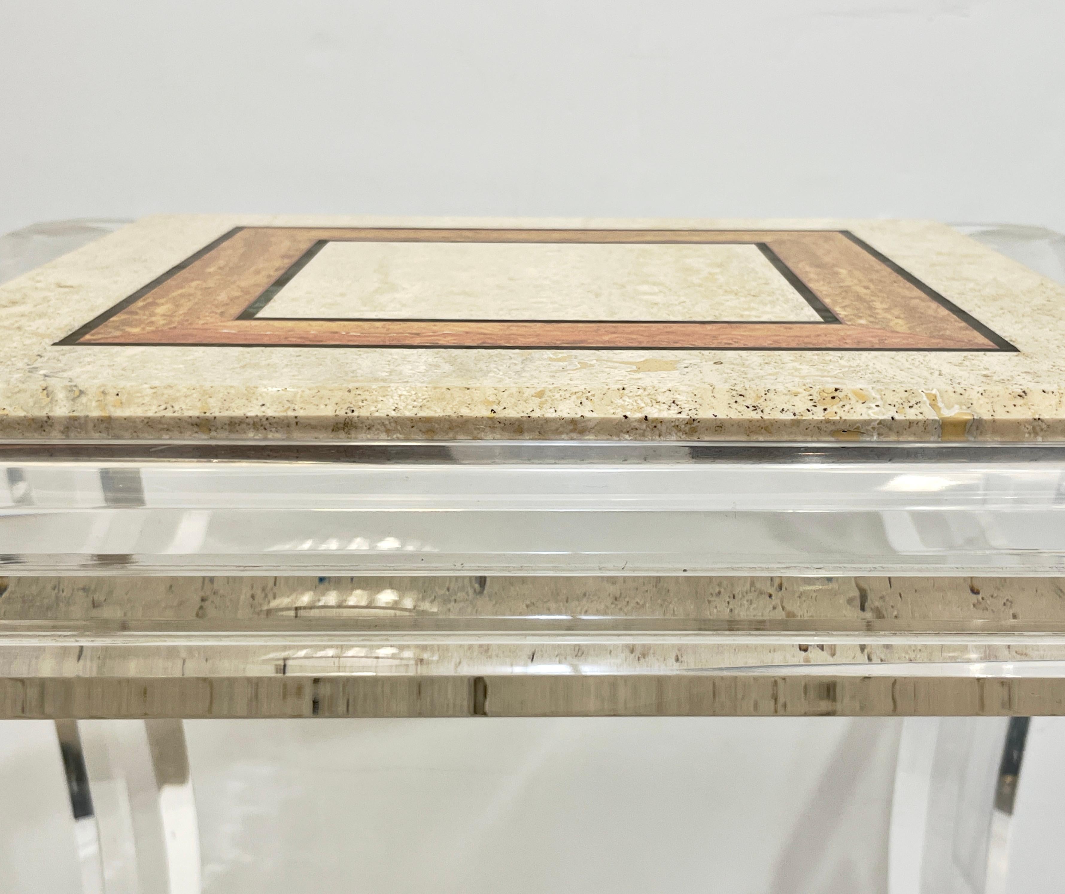 Mid-Century Modern 1970s Vintage Italian Lucite Pair of Tables with Encased Travertine & Marble Top For Sale