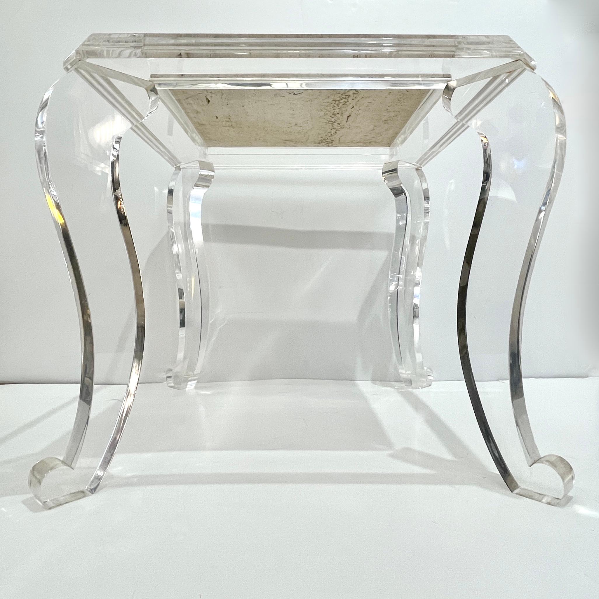1970s Vintage Italian Lucite Pair of Tables with Encased Travertine & Marble Top In Excellent Condition For Sale In New York, NY