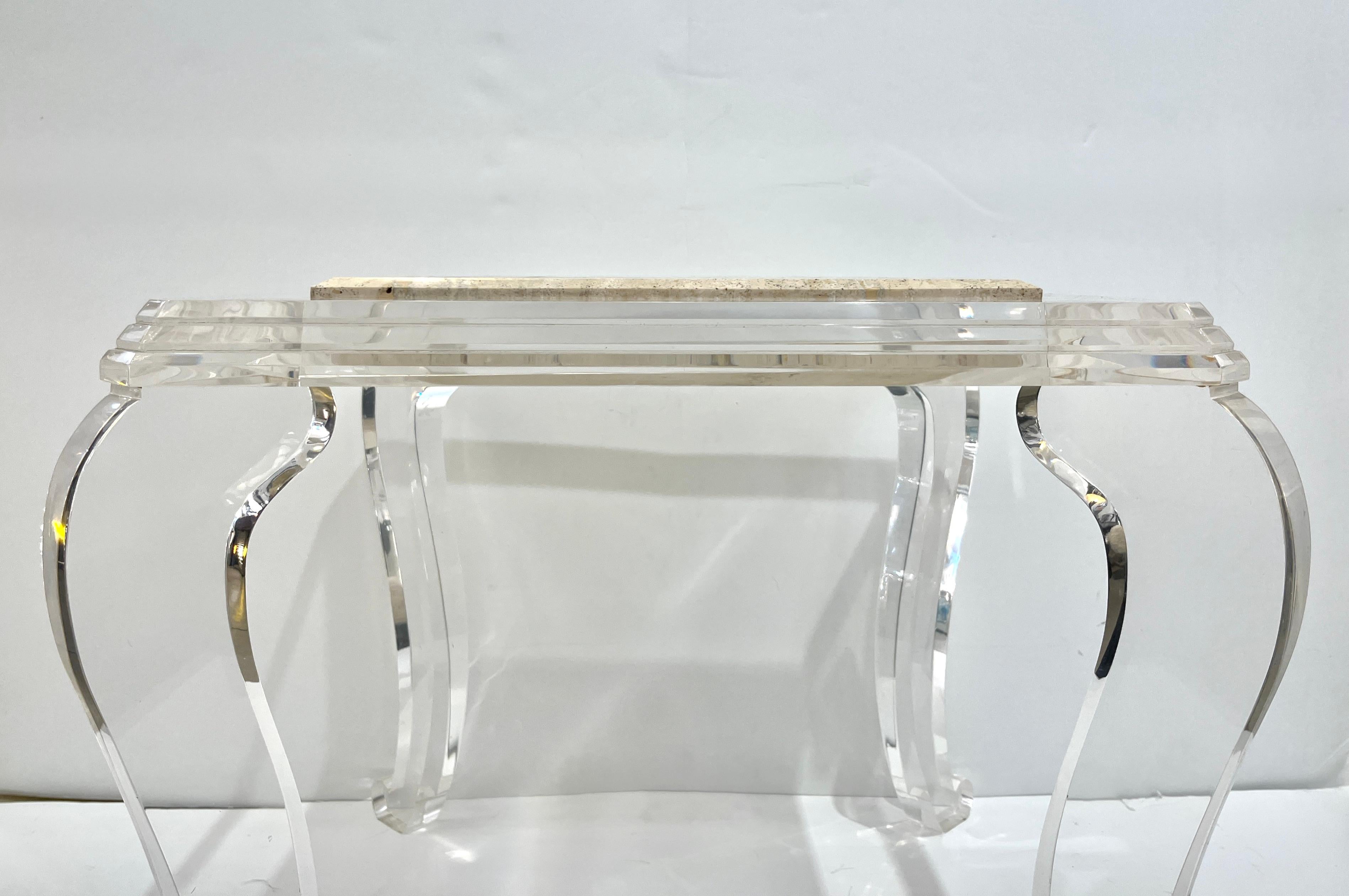 1970s Vintage Italian Lucite Pair of Tables with Encased Travertine & Marble Top For Sale 3