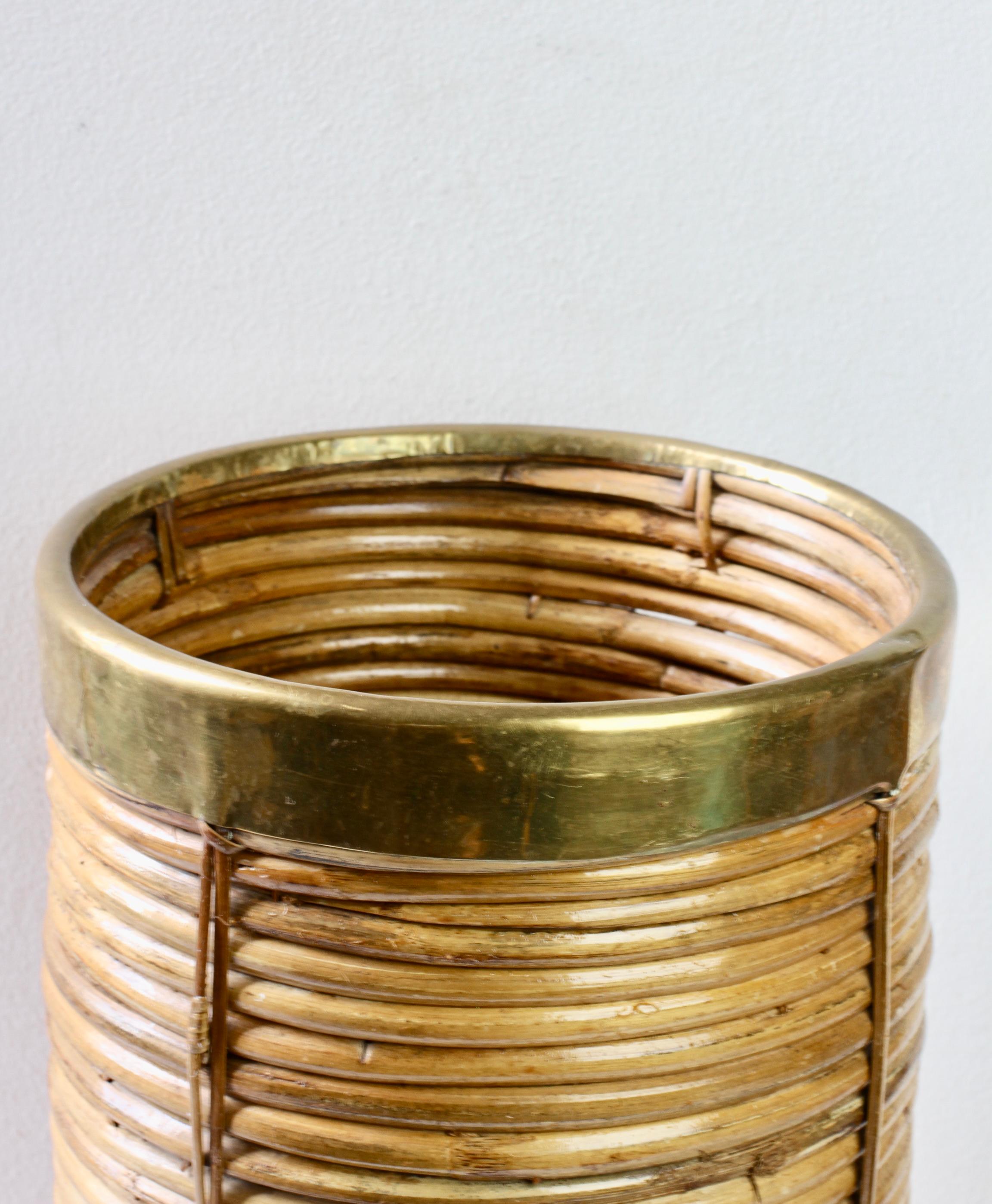 1970s Vintage Italian Mid-Century Italian Bamboo, Rattan & Brass Umbrella Stand For Sale 4