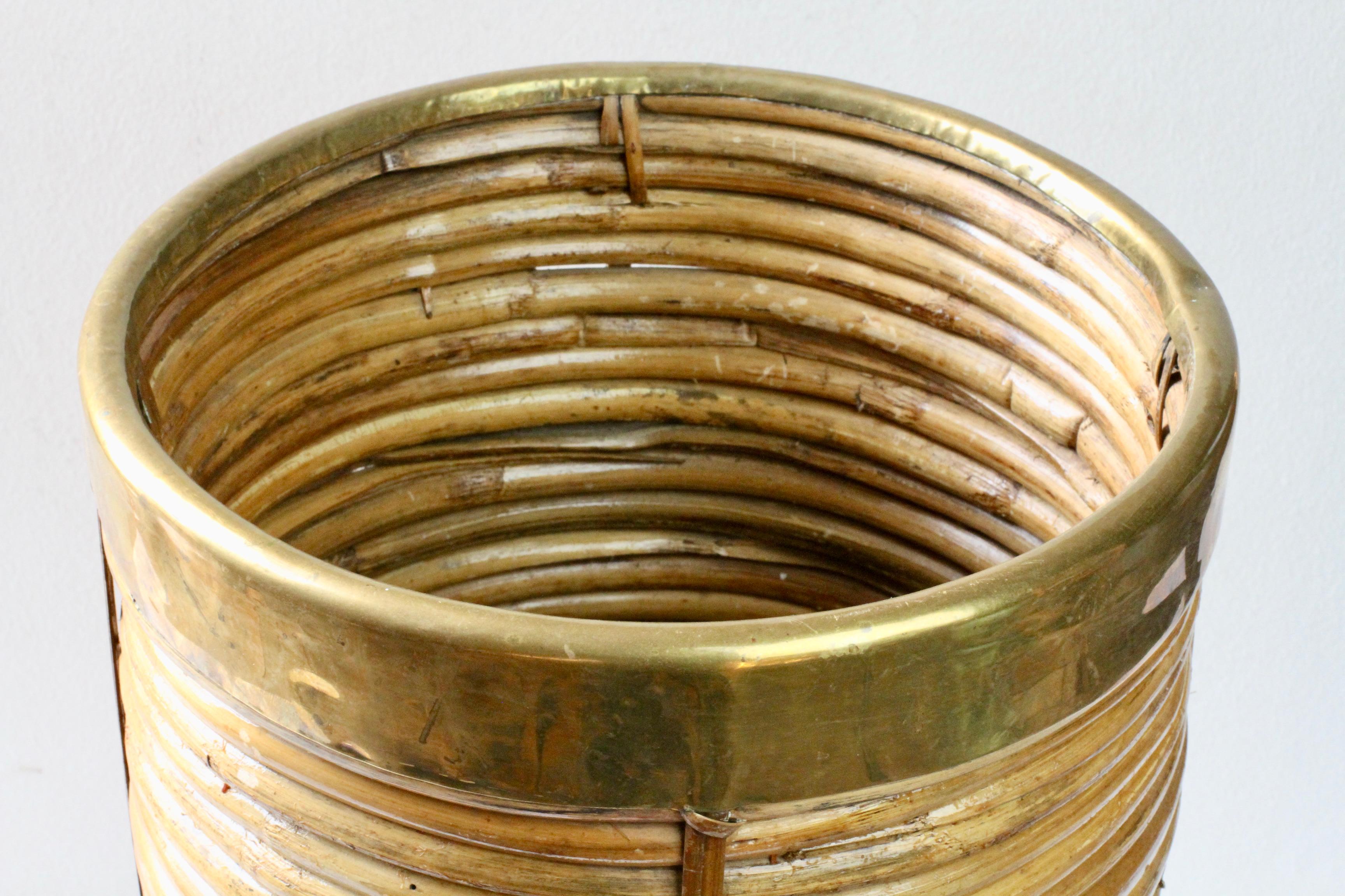 1970s Vintage Italian Mid-Century Italian Bamboo, Rattan & Brass Umbrella Stand For Sale 5