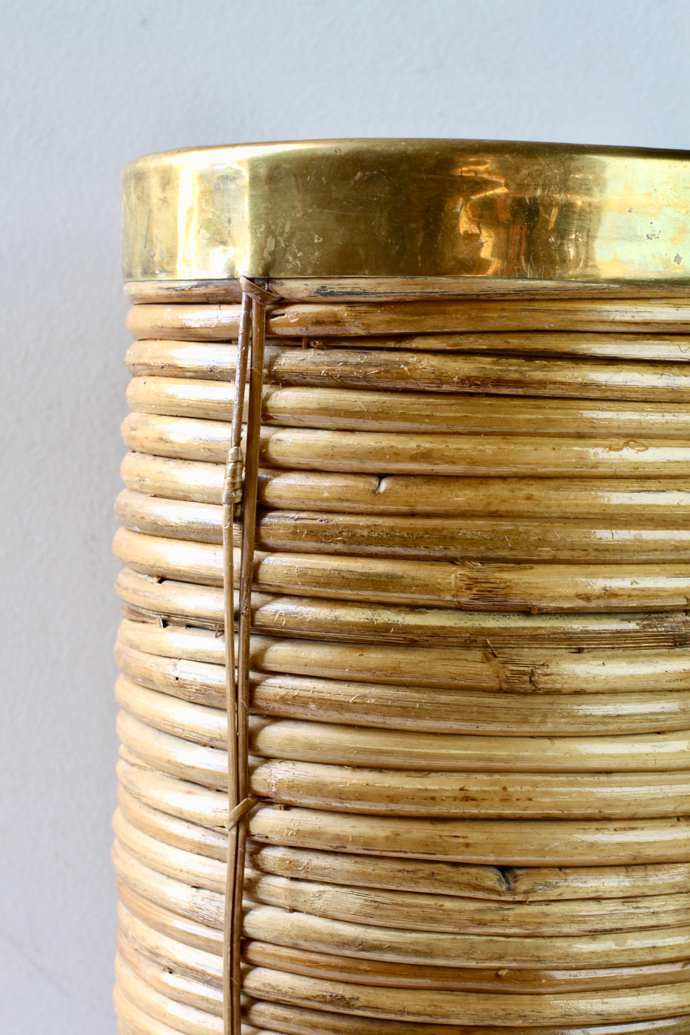 1970s Vintage Italian Mid-Century Italian Bamboo, Rattan & Brass Umbrella Stand For Sale 6