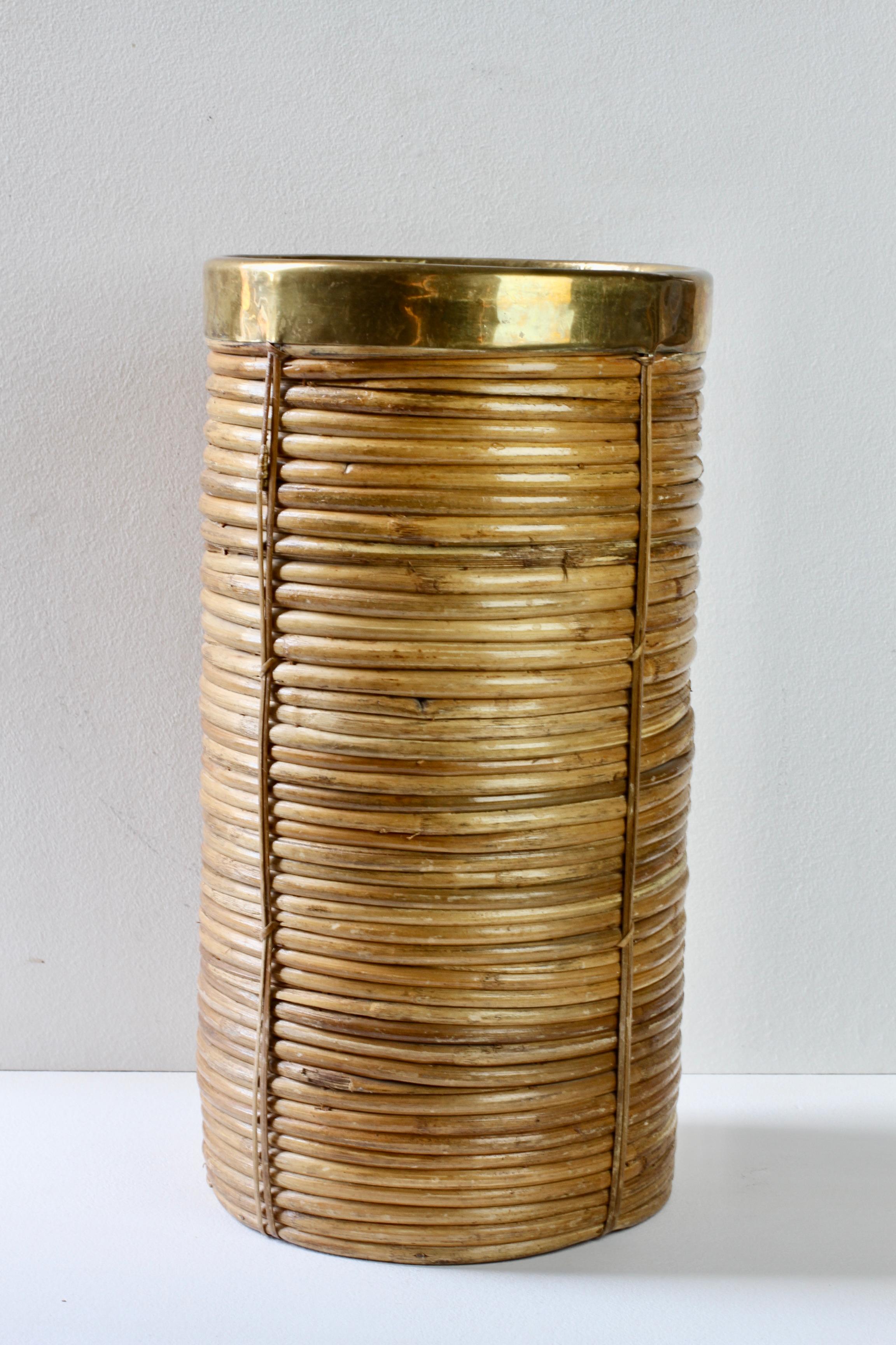 Hollywood Regency 1970s Vintage Italian Mid-Century Italian Bamboo, Rattan & Brass Umbrella Stand For Sale