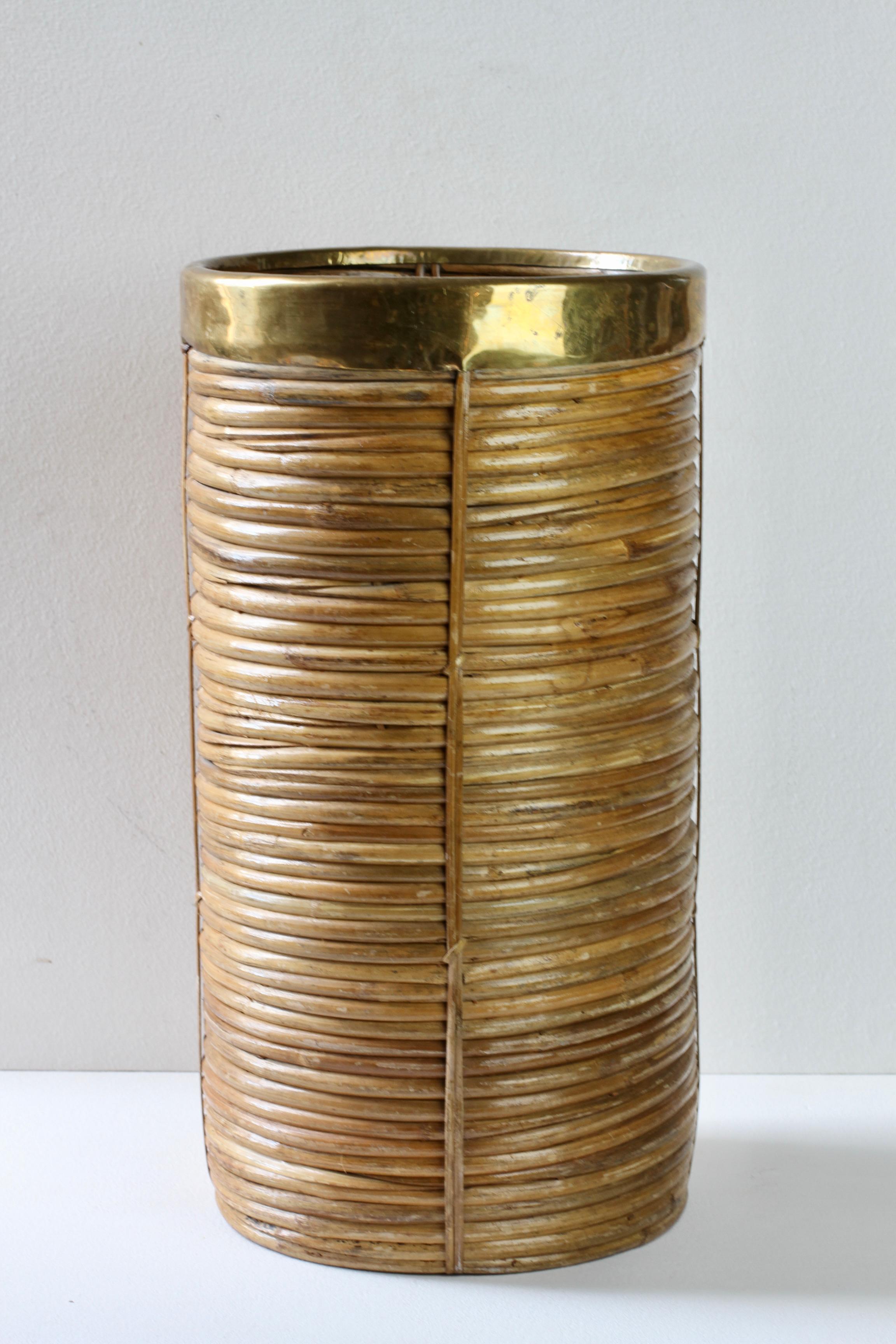 20th Century 1970s Vintage Italian Mid-Century Italian Bamboo, Rattan & Brass Umbrella Stand For Sale