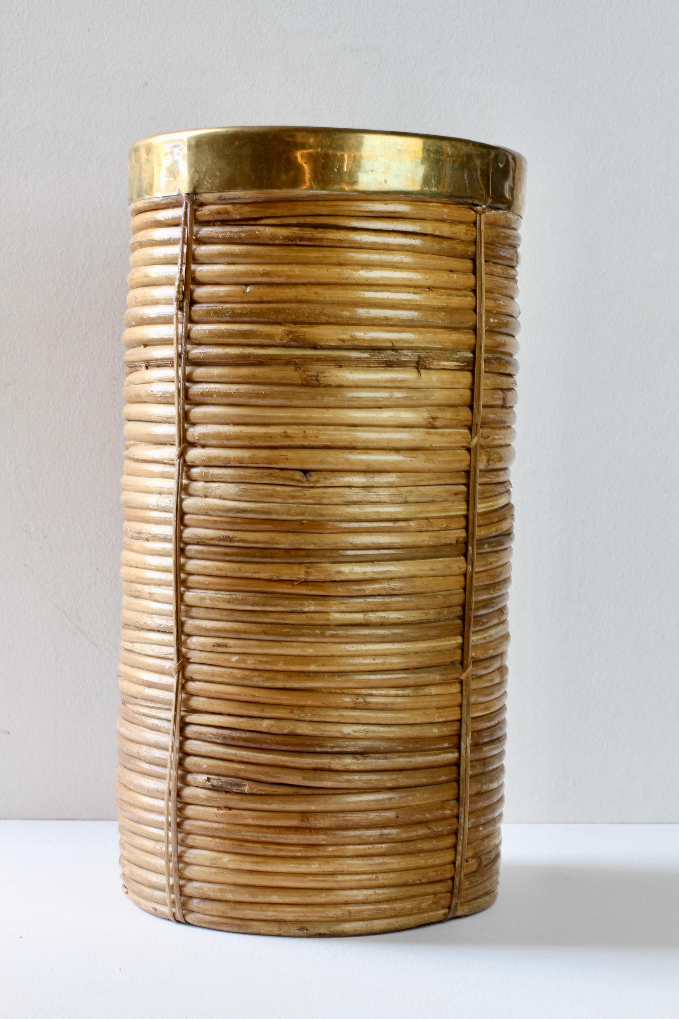 1970s Vintage Italian Mid-Century Italian Bamboo, Rattan & Brass Umbrella Stand For Sale 1