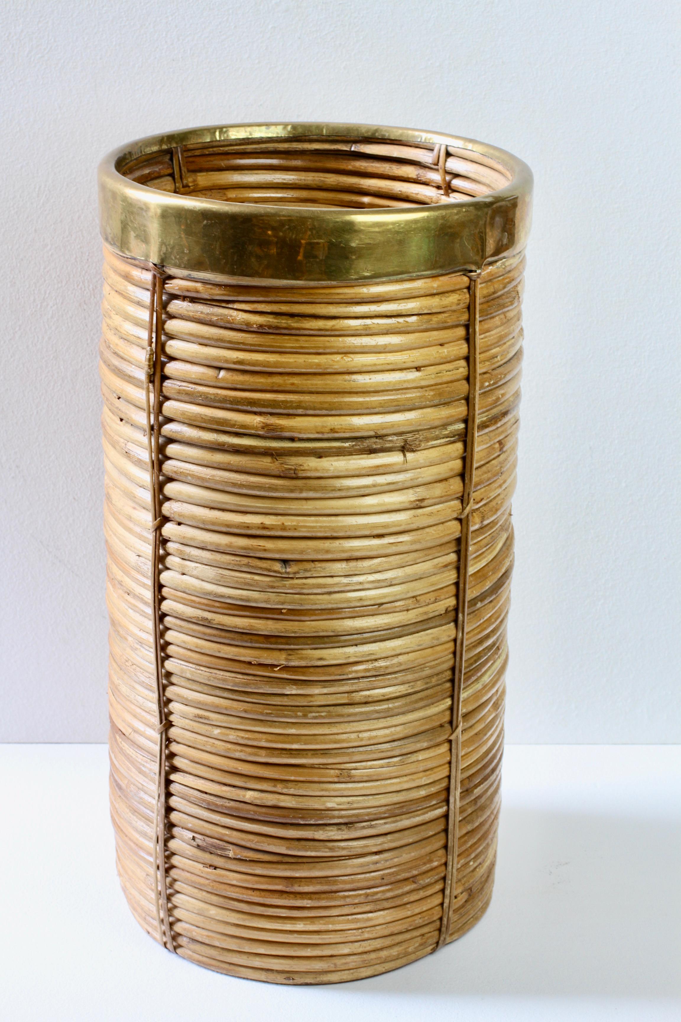 1970s Vintage Italian Mid-Century Italian Bamboo, Rattan & Brass Umbrella Stand For Sale 2