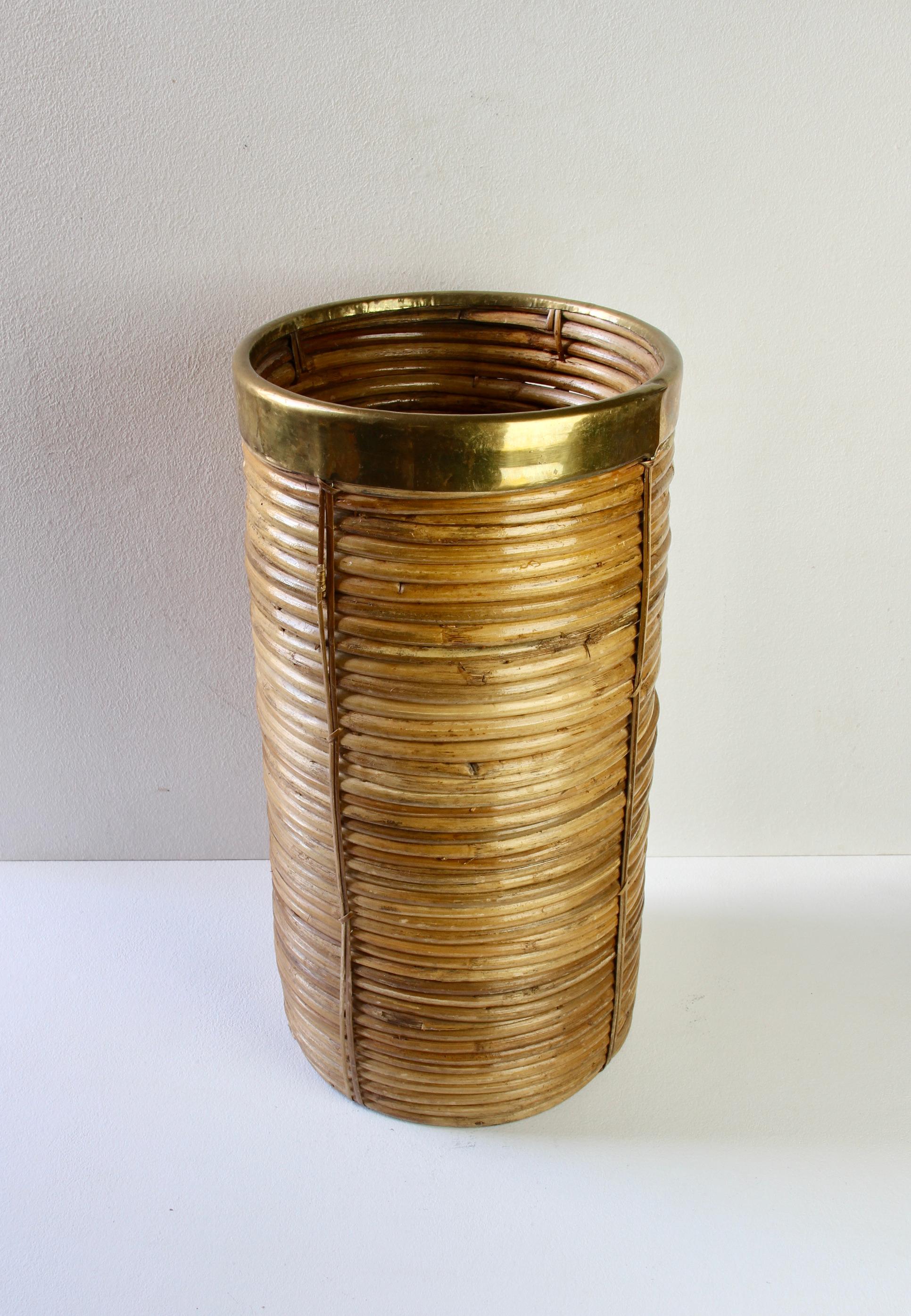 1970s Vintage Italian Mid-Century Italian Bamboo, Rattan & Brass Umbrella Stand For Sale 3