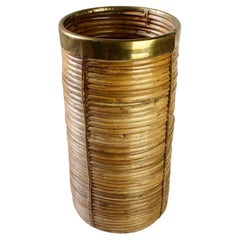 1970 Vintage Italian Mid-Century Bamboo, Rattan & Brass Umbrella Stand