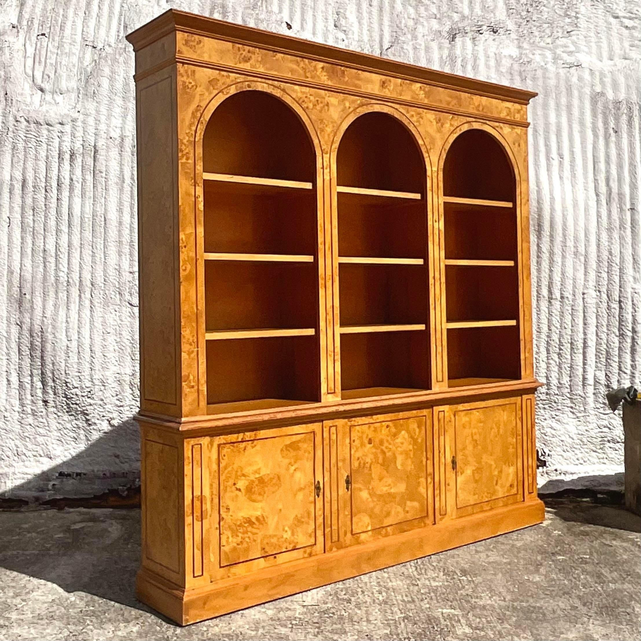 1970s Vintage Italian Monumental Arched Burl Wood Bookcase In Good Condition For Sale In west palm beach, FL
