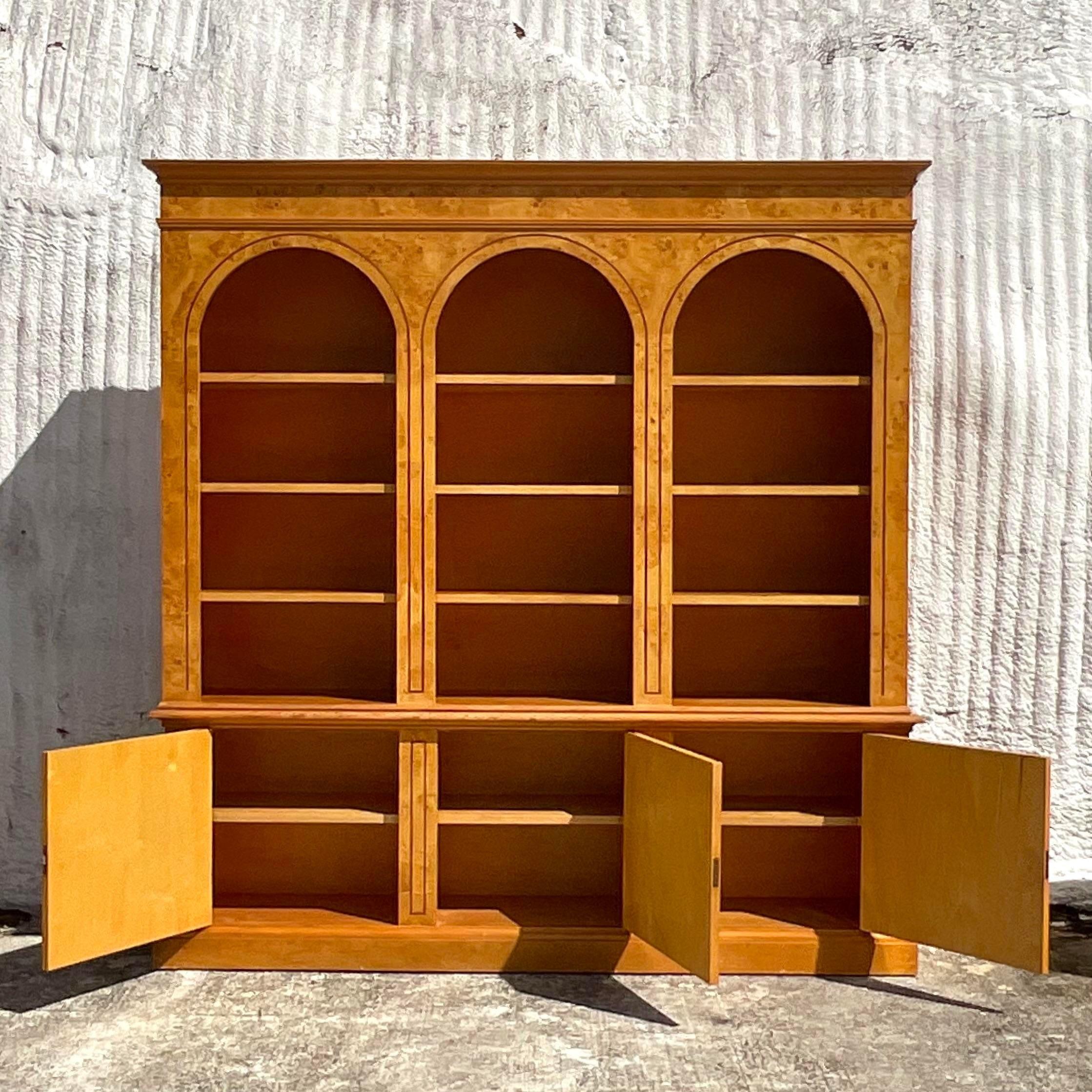 Late 20th Century 1970s Vintage Italian Monumental Arched Burl Wood Bookcase For Sale