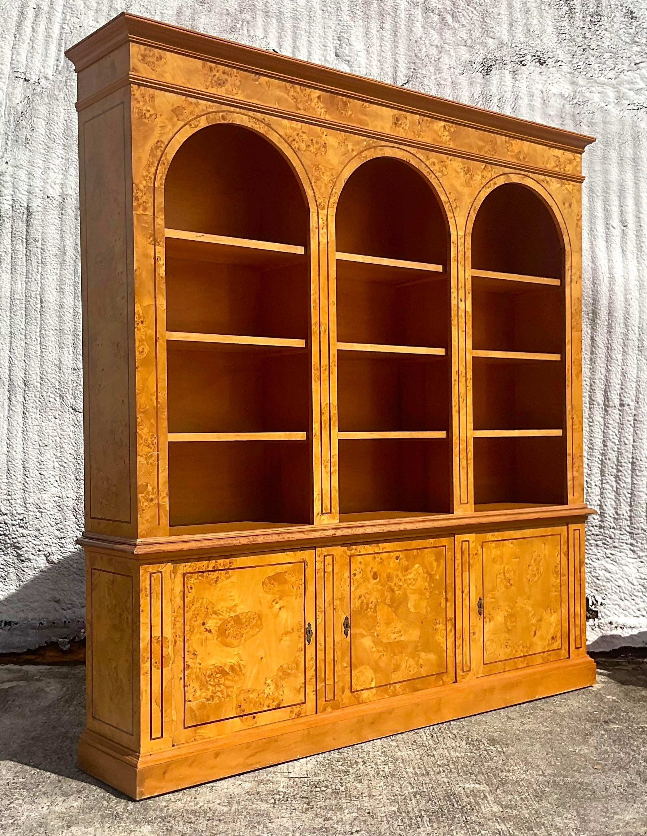 1970s Vintage Italian Monumental Arched Burl Wood Bookcase For Sale 1