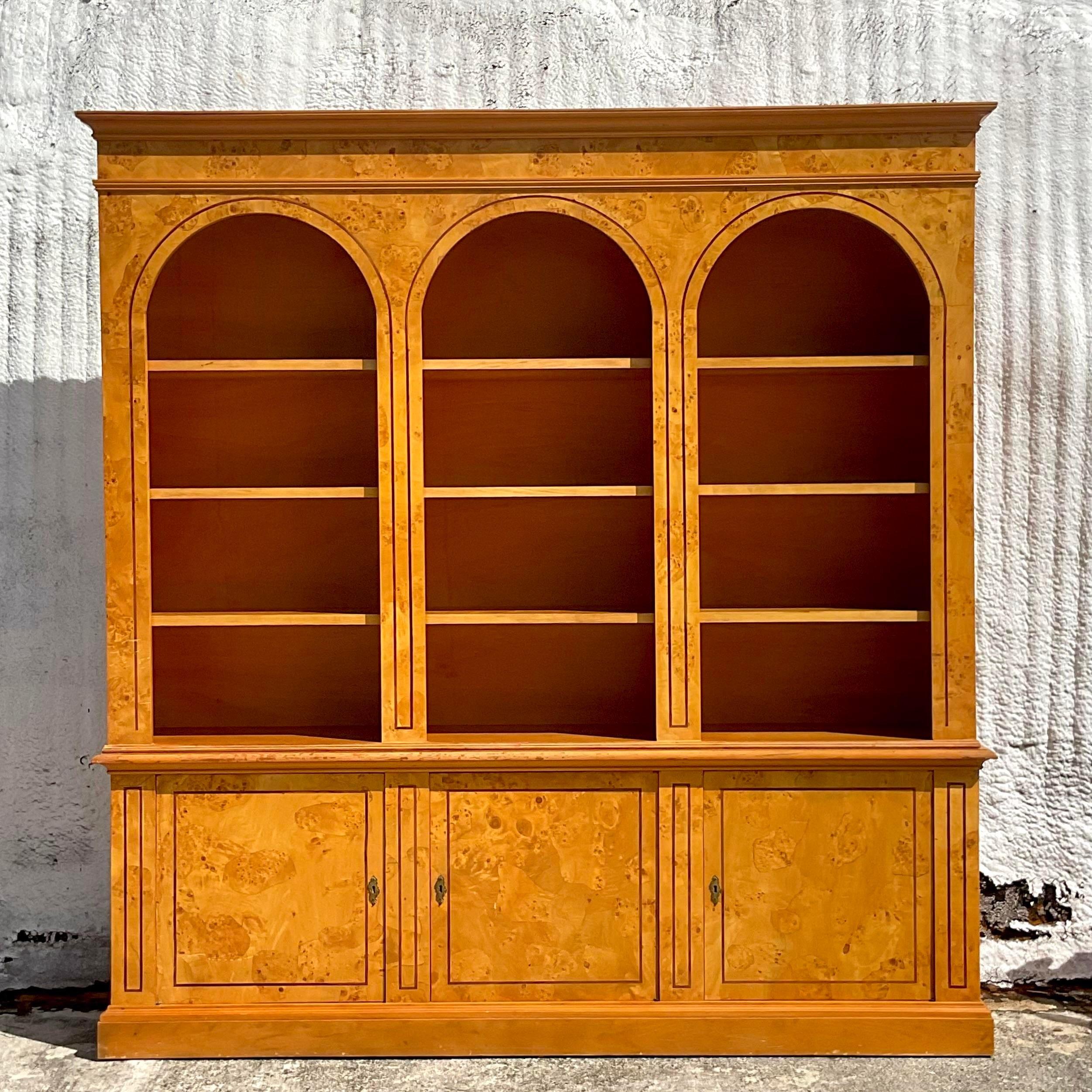 1970s Vintage Italian Monumental Arched Burl Wood Bookcase 2