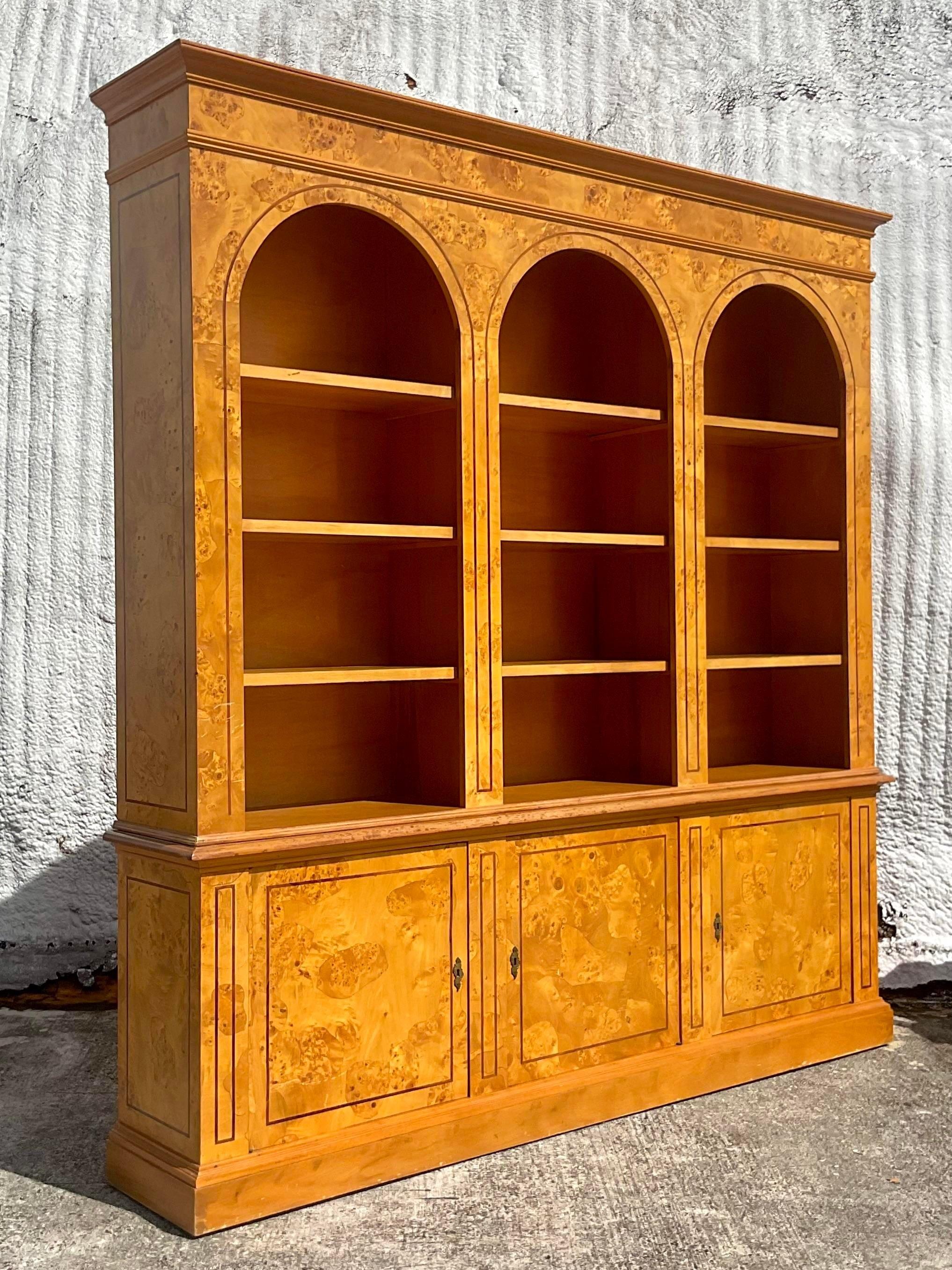 1970s Vintage Italian Monumental Arched Burl Wood Bookcase For Sale 3