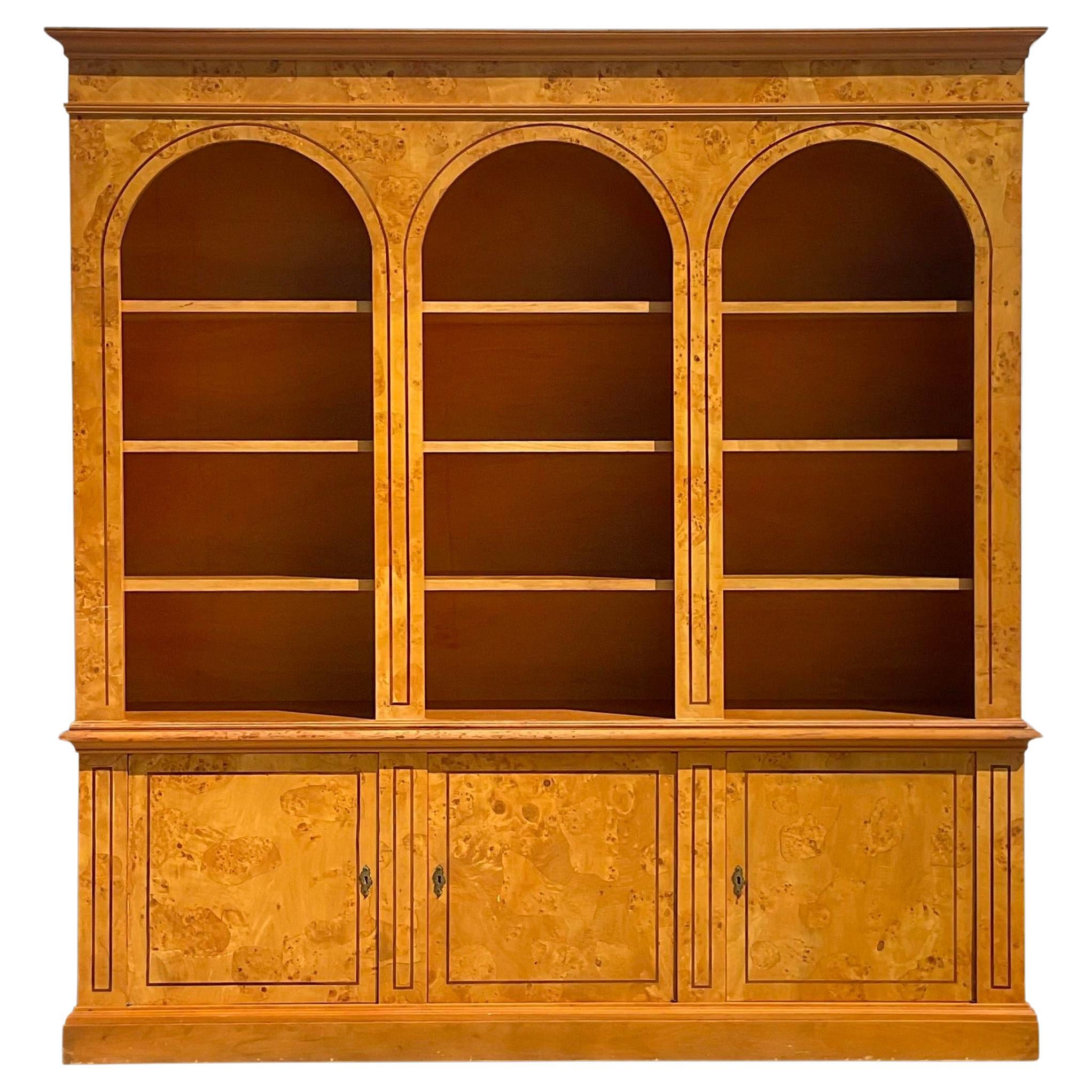 1970s Vintage Italian Monumental Arched Burl Wood Bookcase For Sale